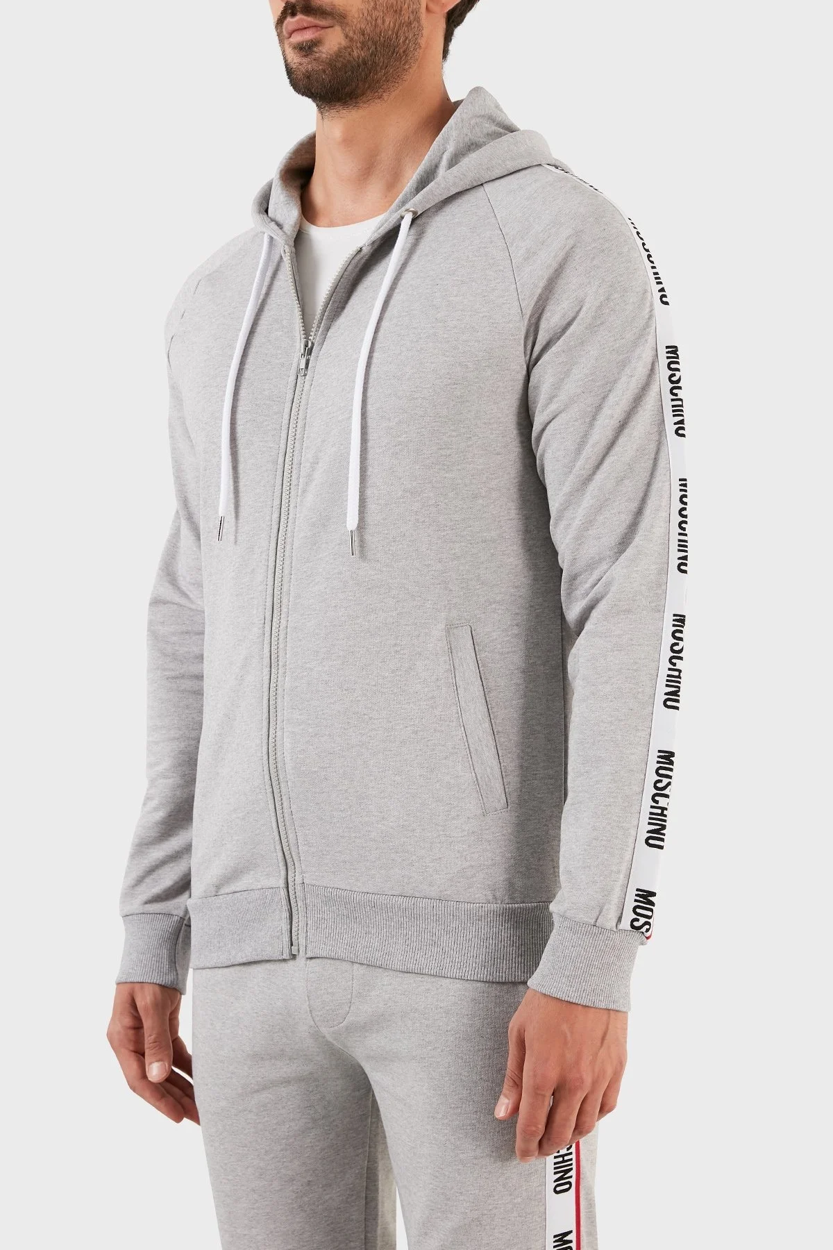 Moschino Logo Bantlı Regular Fit Kapüşonlu Fermuarlı Pamuklu Erkek Sweat A1707 8102 0489 GRİ - 3