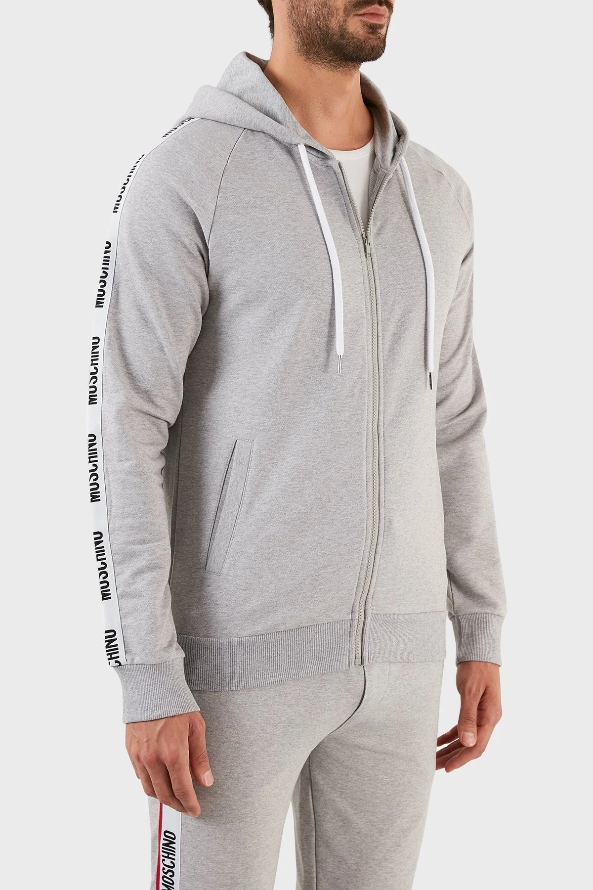 Moschino Logo Bantlı Regular Fit Kapüşonlu Fermuarlı Pamuklu Erkek Sweat A1707 8102 0489 GRİ - 4