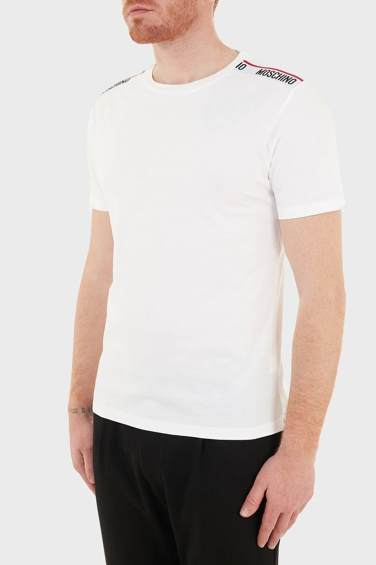 Moschino Logo Bantlı Slim Fit Bisiklet Yaka % 100 Pamuk Erkek T Shirt A1916 8101 0001 BEYAZ - 3