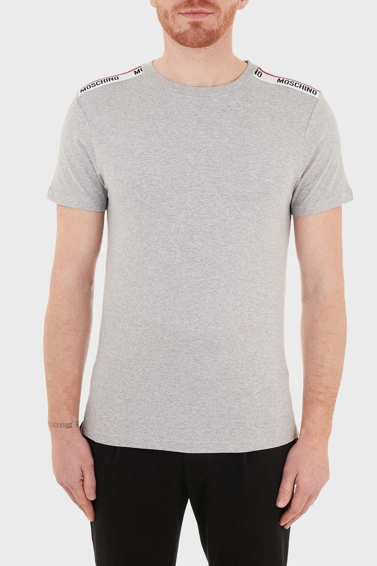 Moschino Logo Bantlı Slim Fit Bisiklet Yaka % 100 Pamuk Erkek T Shirt A1916 8101 0489 GRİ - 1