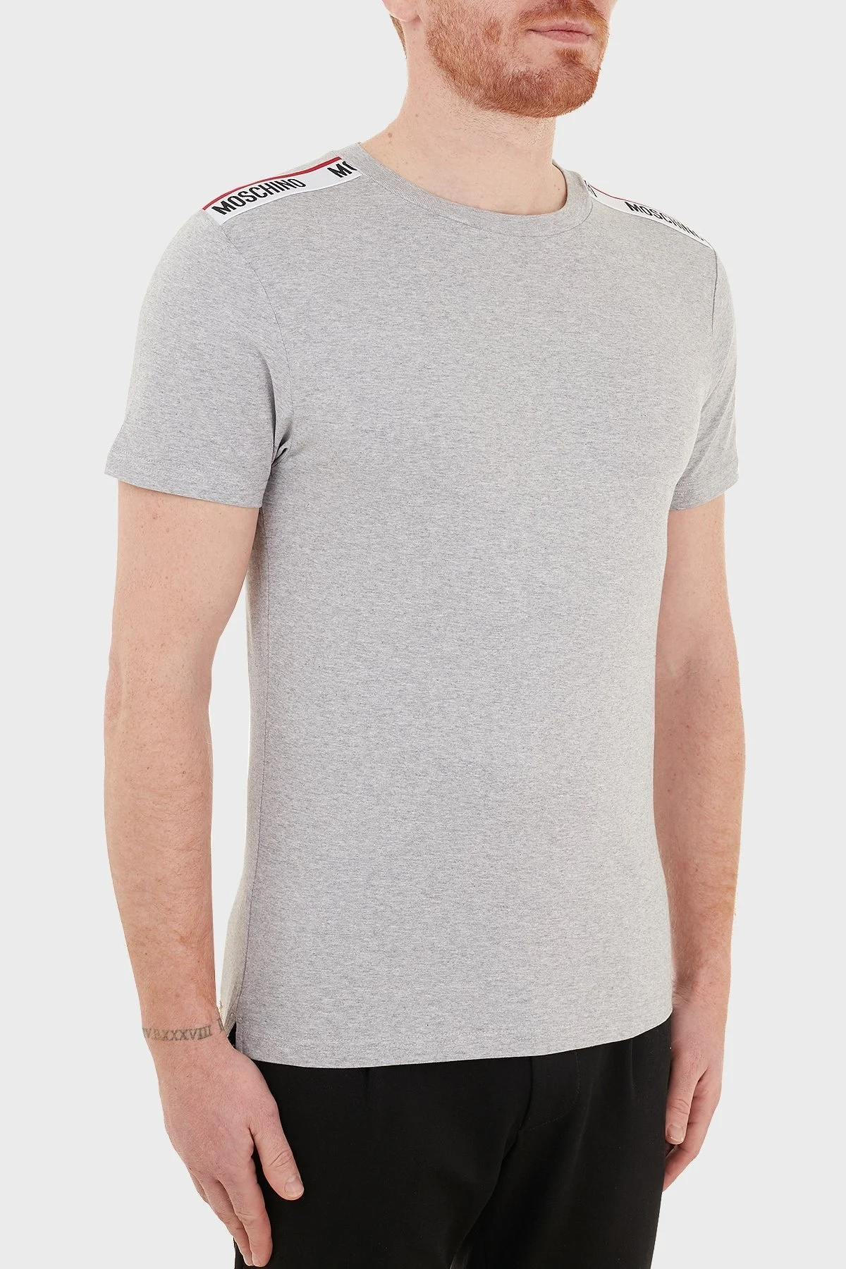 Moschino Logo Bantlı Slim Fit Bisiklet Yaka % 100 Pamuk Erkek T Shirt A1916 8101 0489 GRİ - 4