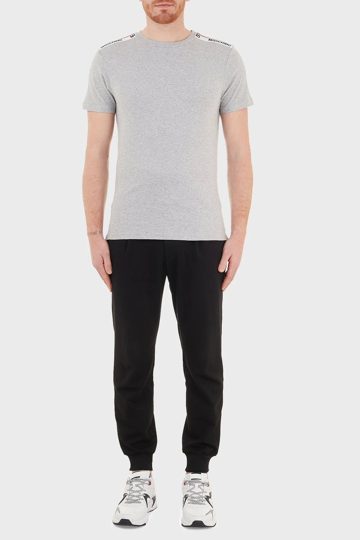 Moschino Logo Bantlı Slim Fit Bisiklet Yaka % 100 Pamuk Erkek T Shirt A1916 8101 0489 GRİ - 5