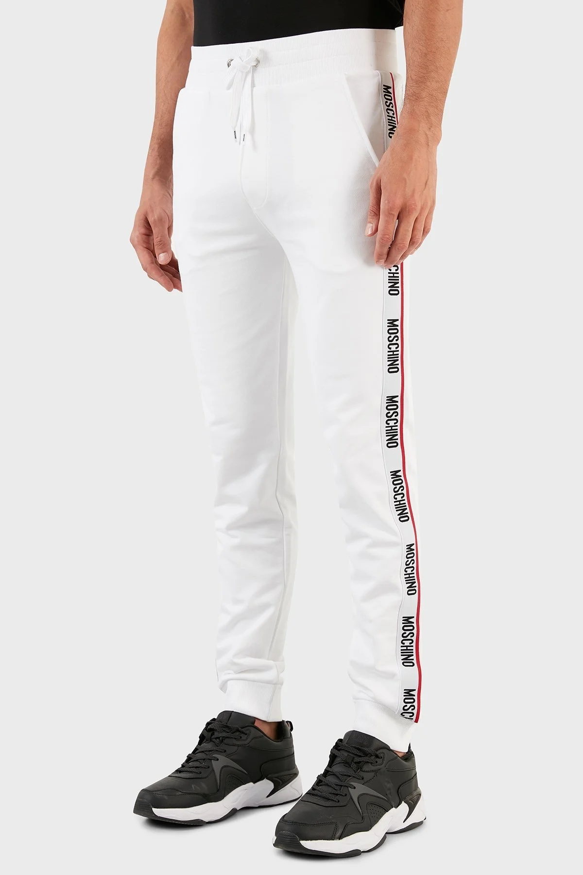 Moschino Şerit Logolu Regular Fit Belden Bağlamalı Cepli Pamuklu Jogger Erkek Pantolon A4333 8102 0001 BEYAZ - 3