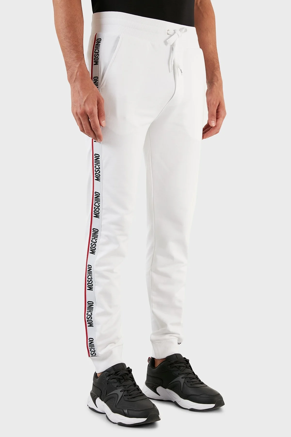 Moschino Şerit Logolu Regular Fit Belden Bağlamalı Cepli Pamuklu Jogger Erkek Pantolon A4333 8102 0001 BEYAZ - 4