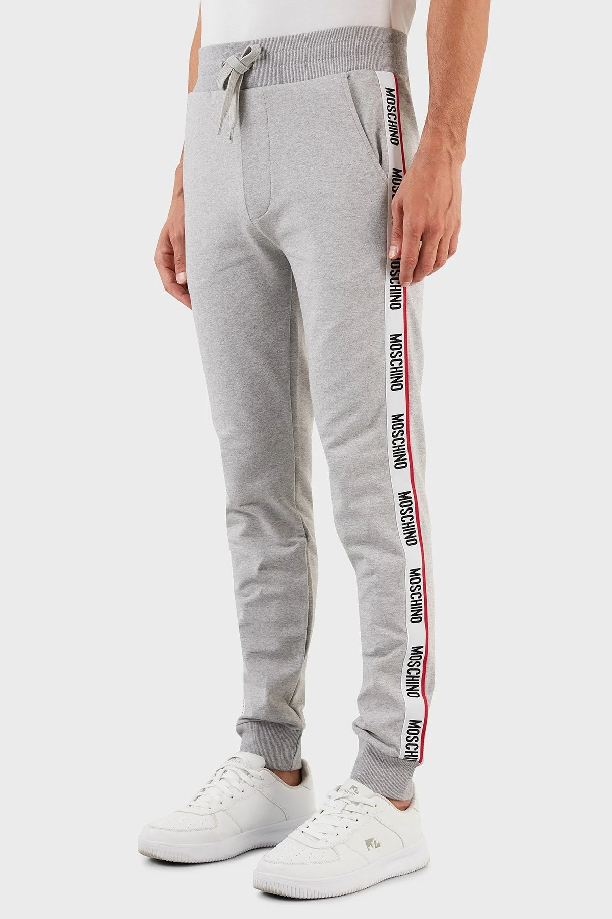 Moschino Şerit Logolu Regular Fit Belden Bağlamalı Cepli Pamuklu Jogger Erkek Pantolon A4333 8102 0489 GRİ - 3
