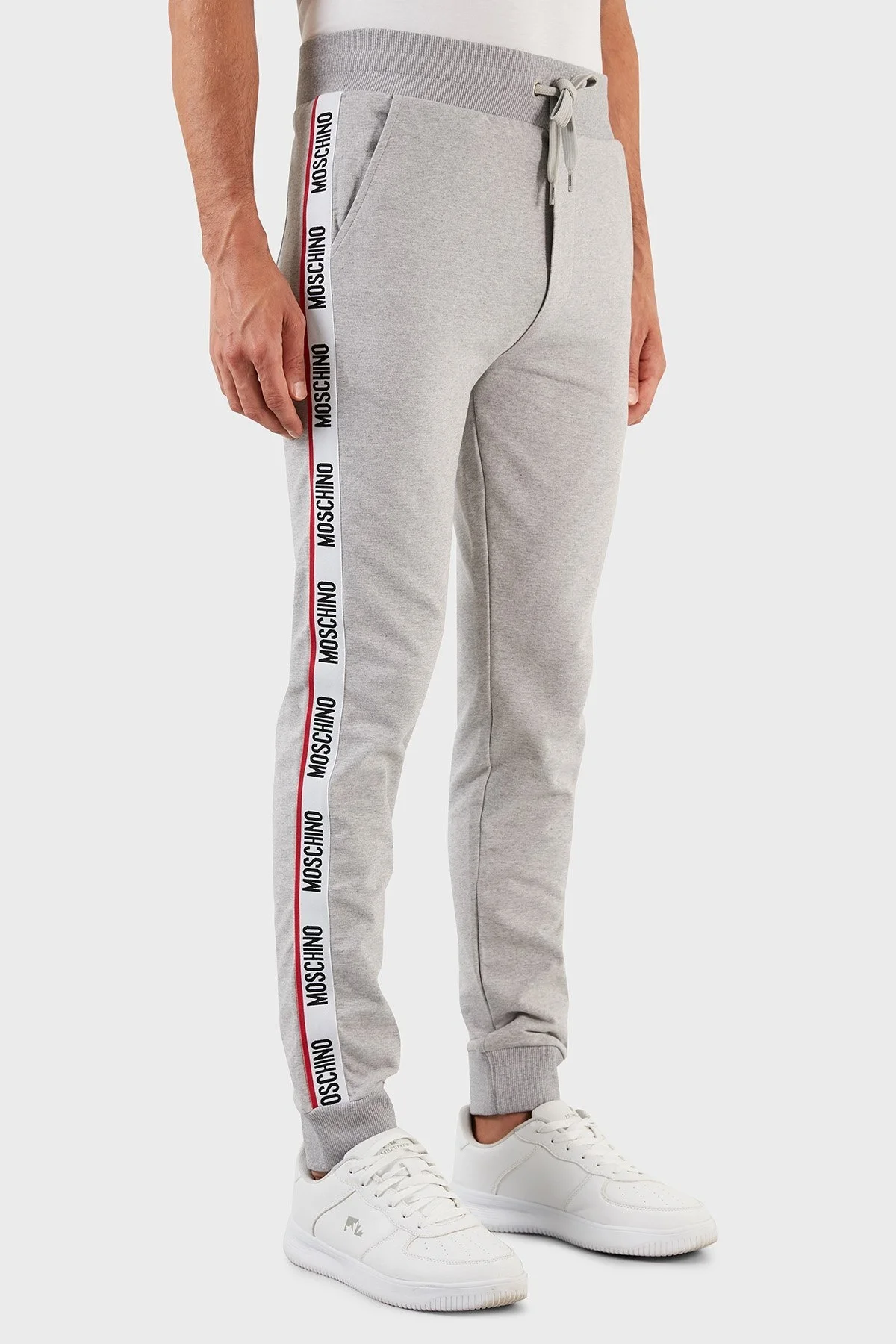 Moschino Şerit Logolu Regular Fit Belden Bağlamalı Cepli Pamuklu Jogger Erkek Pantolon A4333 8102 0489 GRİ - 4