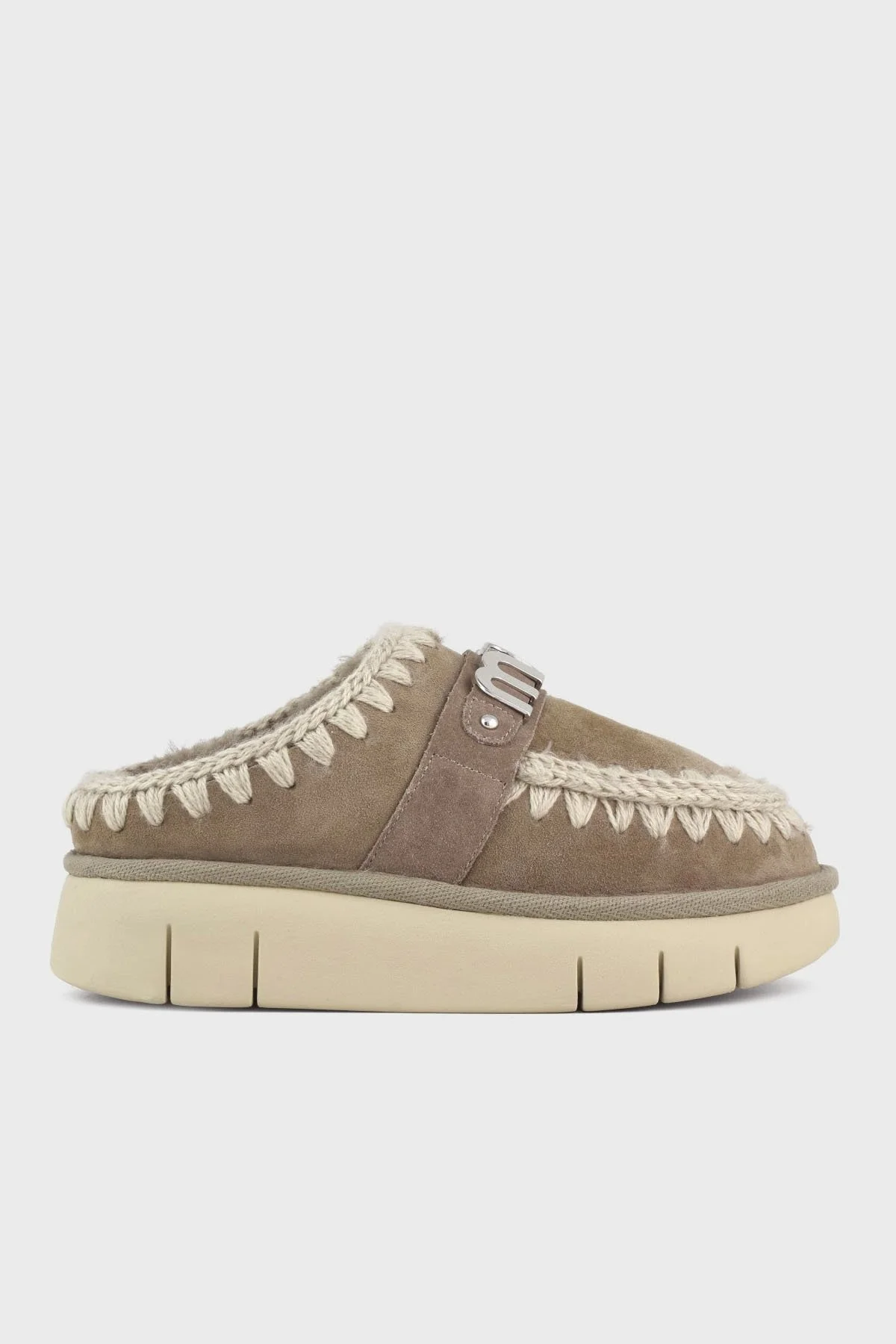 Mou Logolu Hakiki Deri Yumuşak Tüylü Dikiş Detaylı Kalın Tabanlı Eskimo Bayan Terlik MU.FW531001A ELGRY GRİ - 6