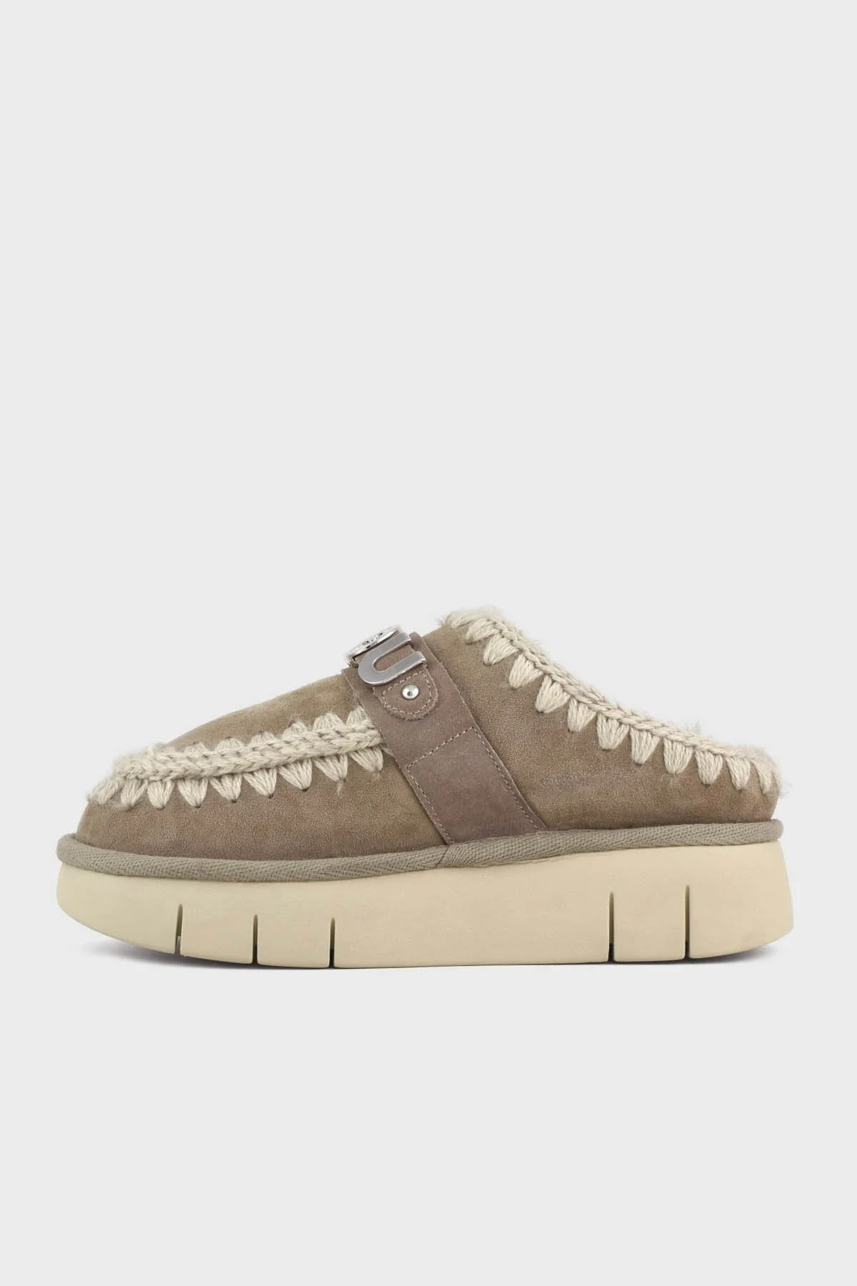 Mou Logolu Hakiki Deri Yumuşak Tüylü Dikiş Detaylı Kalın Tabanlı Eskimo Bayan Terlik MU.FW531001A ELGRY GRİ - 8