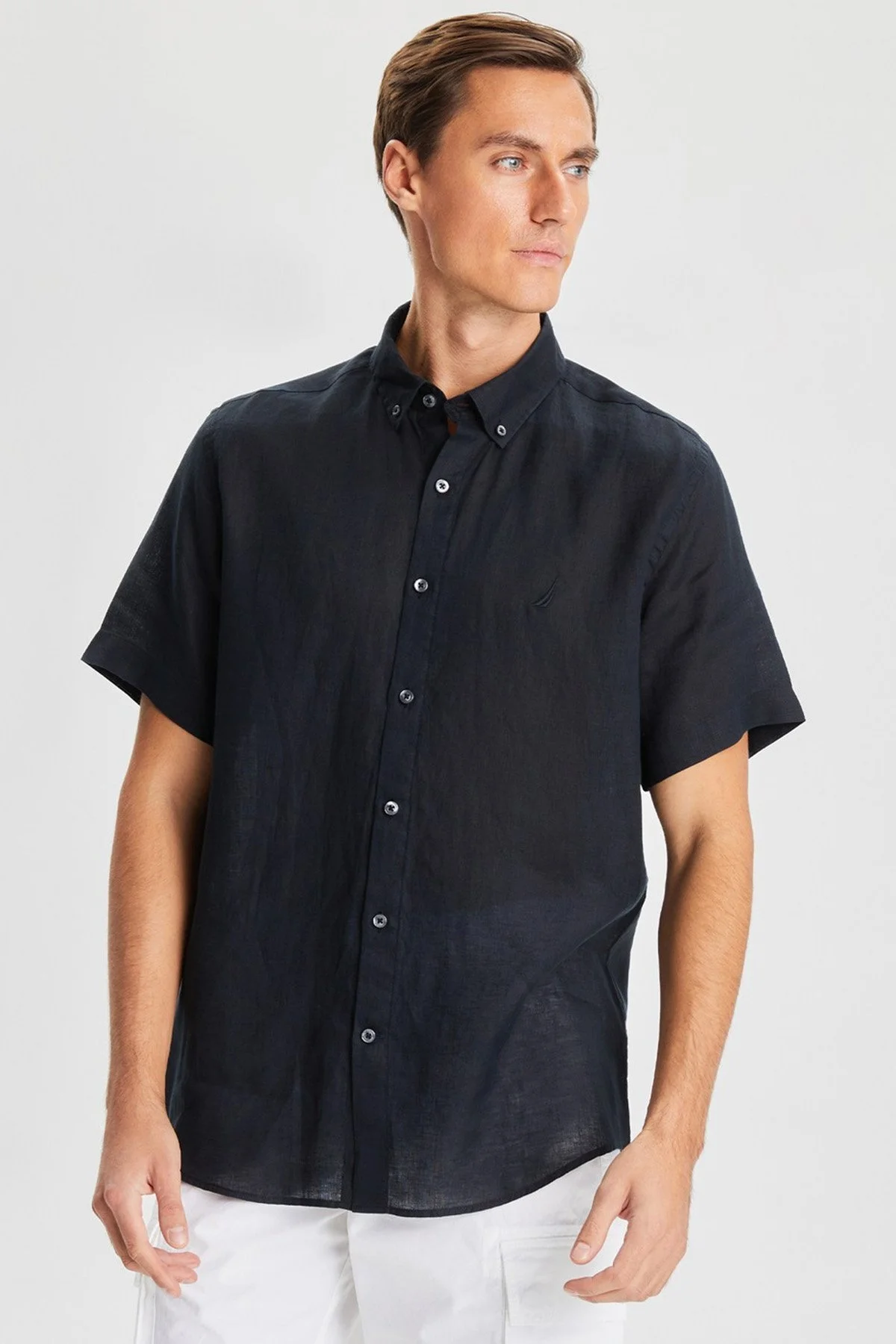 Nautica % 100 Keten Classic Fit Kısa Kollu Erkek Gömlek W35100T 0TB SİYAH - 1