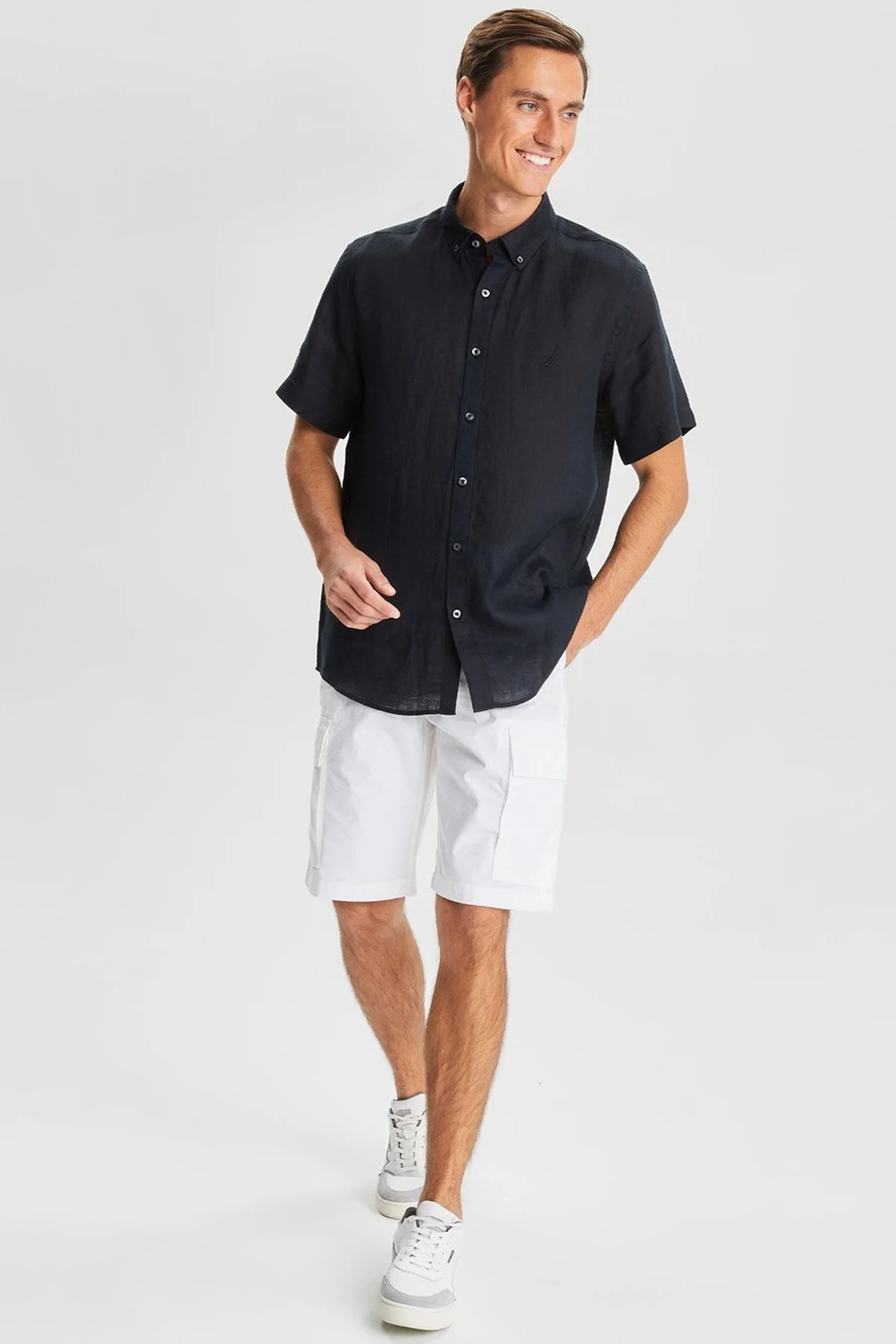 Nautica % 100 Keten Classic Fit Kısa Kollu Erkek Gömlek W35100T 0TB SİYAH - 2
