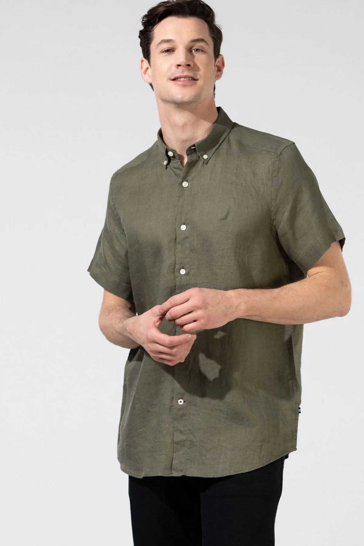 Nautica % 100 Keten Classic Fit Kısa Kollu Erkek Gömlek W35100T 3BP HAKİ - 5