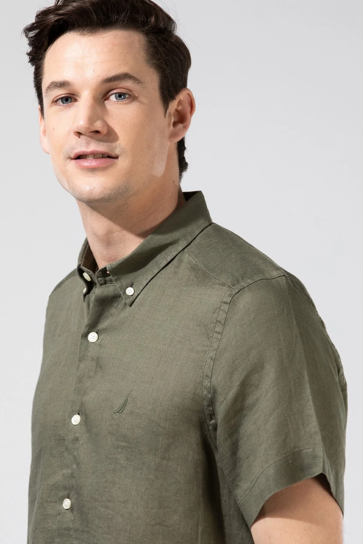 Nautica % 100 Keten Classic Fit Kısa Kollu Erkek Gömlek W35100T 3BP HAKİ - 6