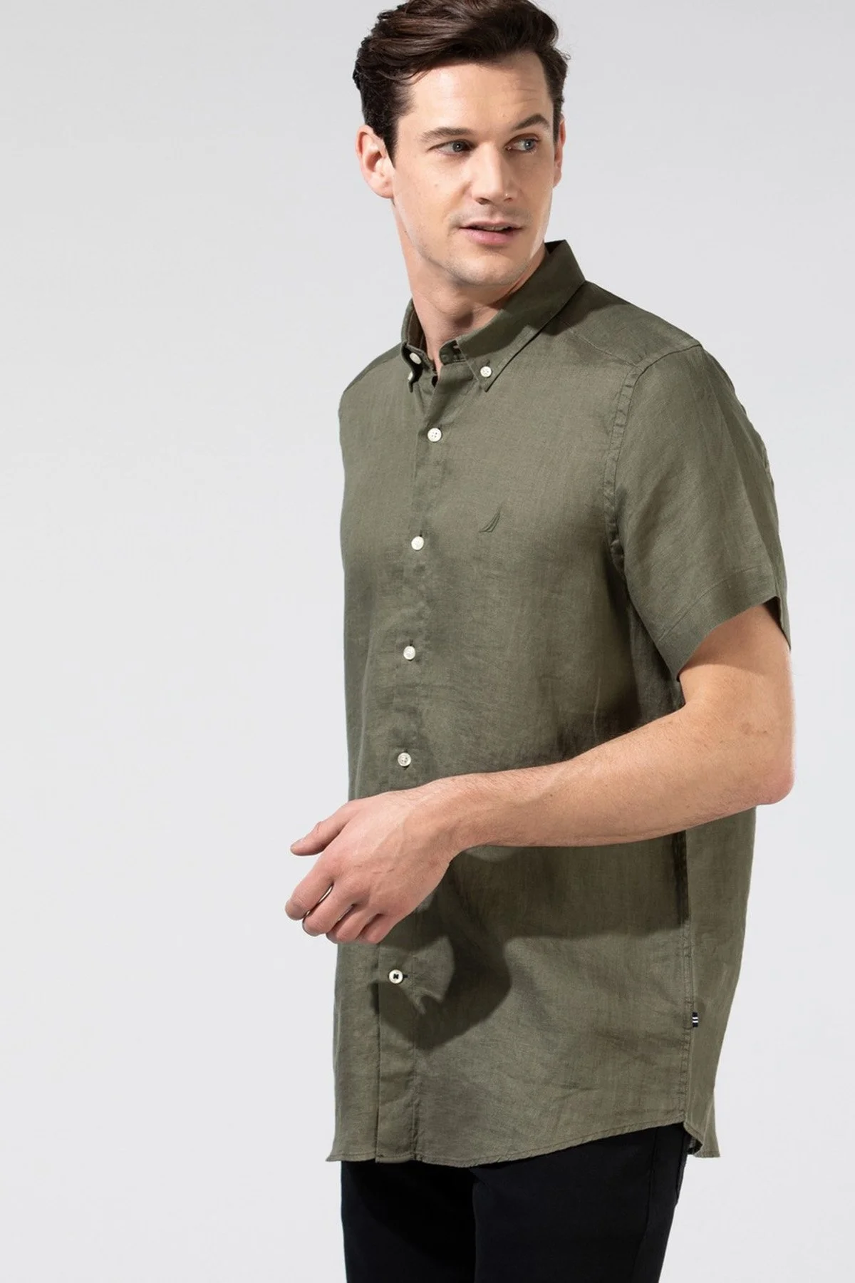 Nautica % 100 Keten Classic Fit Kısa Kollu Erkek Gömlek W35100T 3BP HAKİ - 7