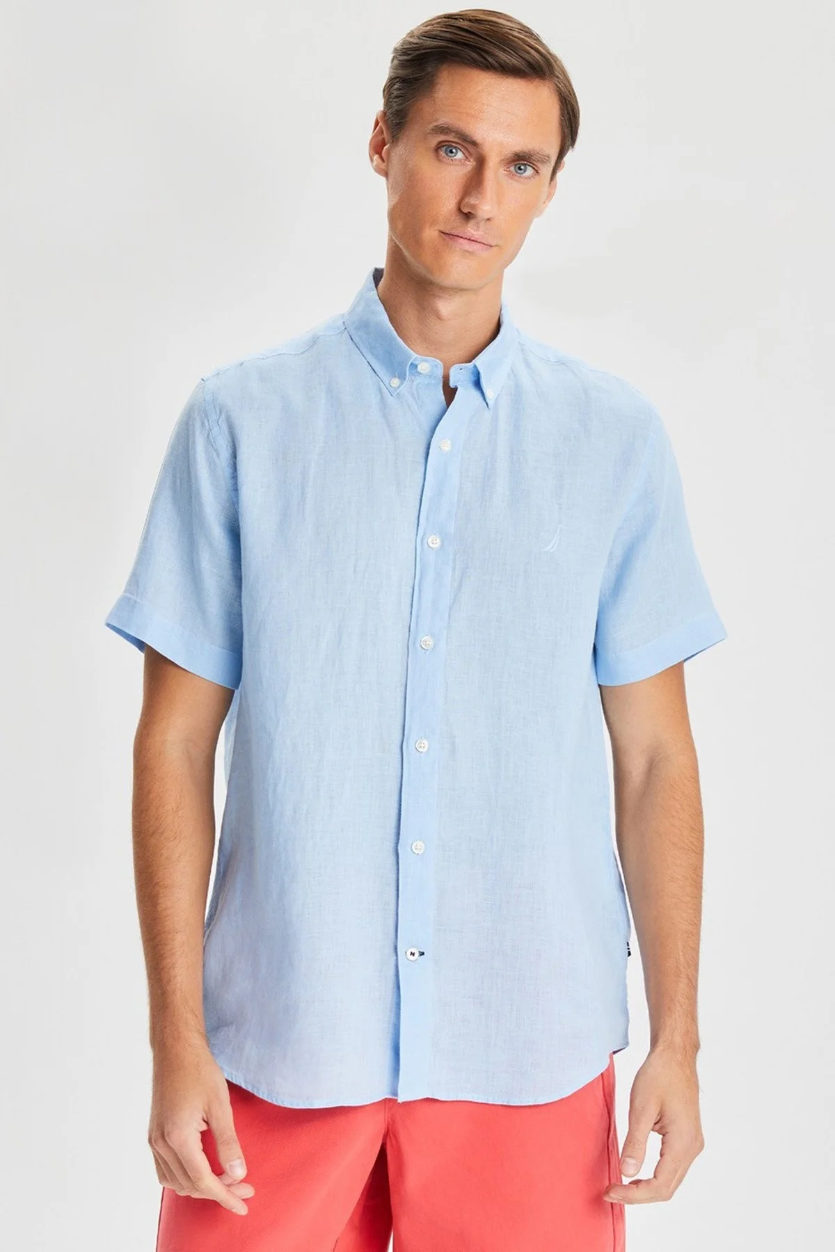 Nautica % 100 Keten Classic Fit Kısa Kollu Erkek Gömlek W35100T 4NN MAVİ - 1