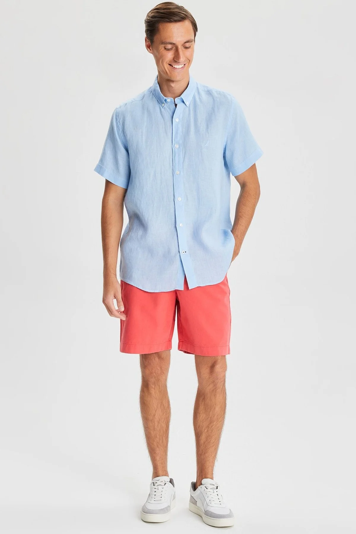 Nautica % 100 Keten Classic Fit Kısa Kollu Erkek Gömlek W35100T 4NN MAVİ - 2