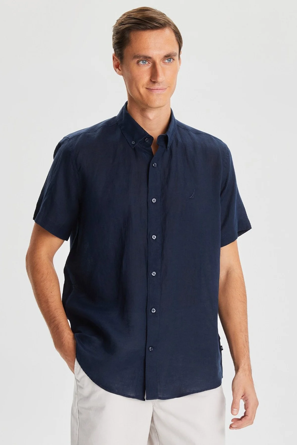 Nautica % 100 Keten Classic Fit Kısa Kollu Erkek Gömlek W35100T 4NV LACİVERT - 1