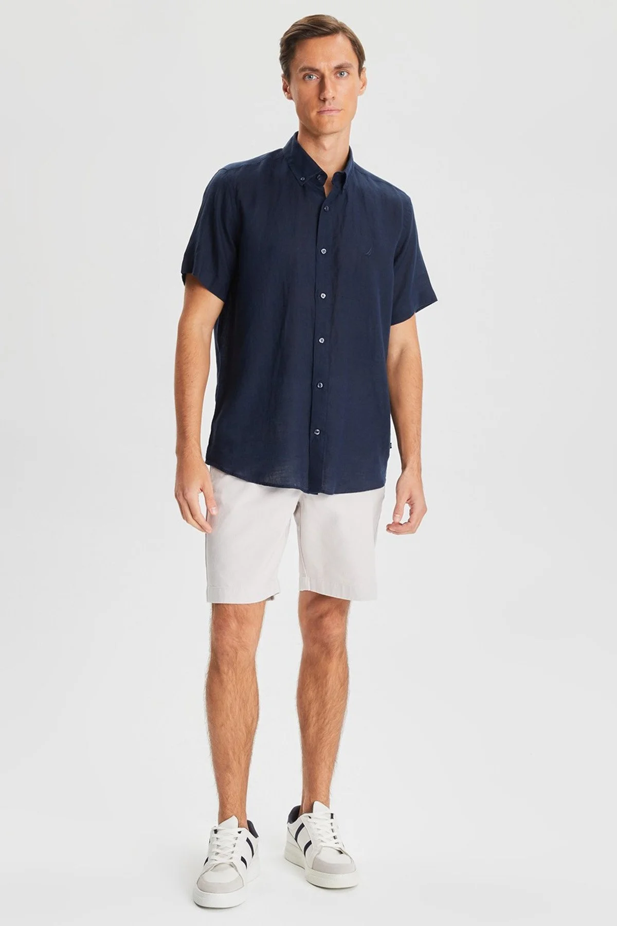 Nautica % 100 Keten Classic Fit Kısa Kollu Erkek Gömlek W35100T 4NV LACİVERT - 2