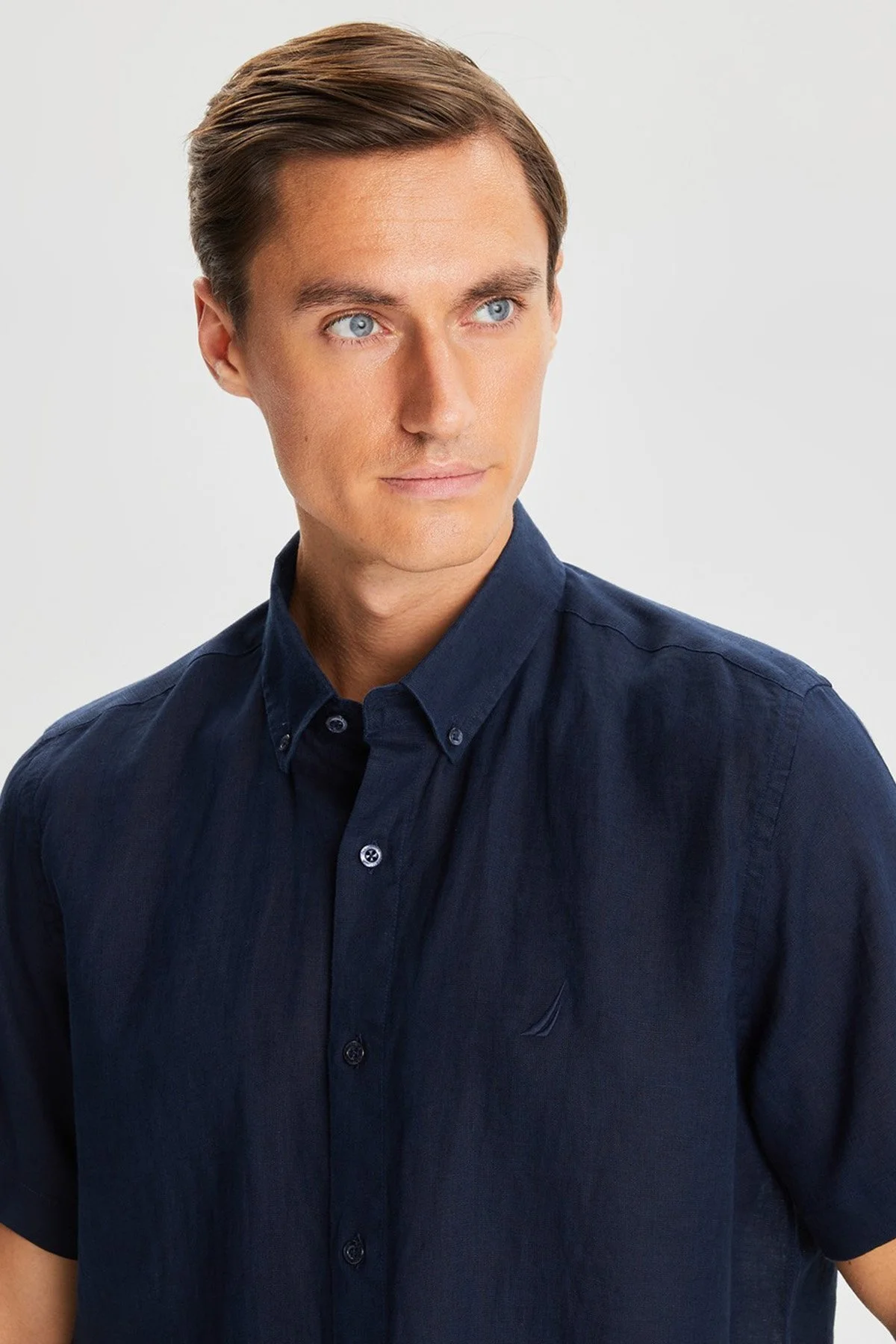 Nautica % 100 Keten Classic Fit Kısa Kollu Erkek Gömlek W35100T 4NV LACİVERT - 3