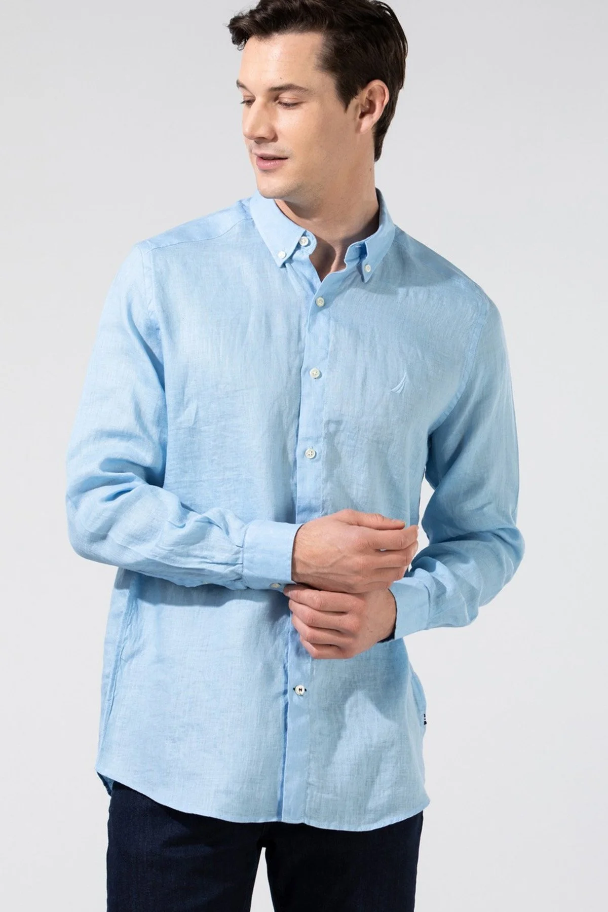 Nautica % 100 Keten Classic Fit Uzun Kollu Erkek Gömlek W35101T 4NN MAVİ - 1