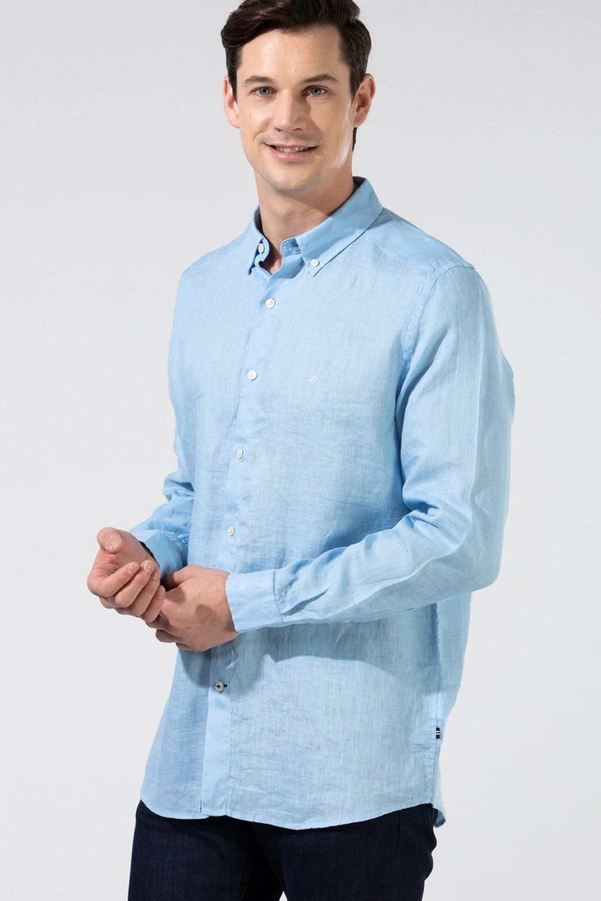 Nautica % 100 Keten Classic Fit Uzun Kollu Erkek Gömlek W35101T 4NN MAVİ - 2