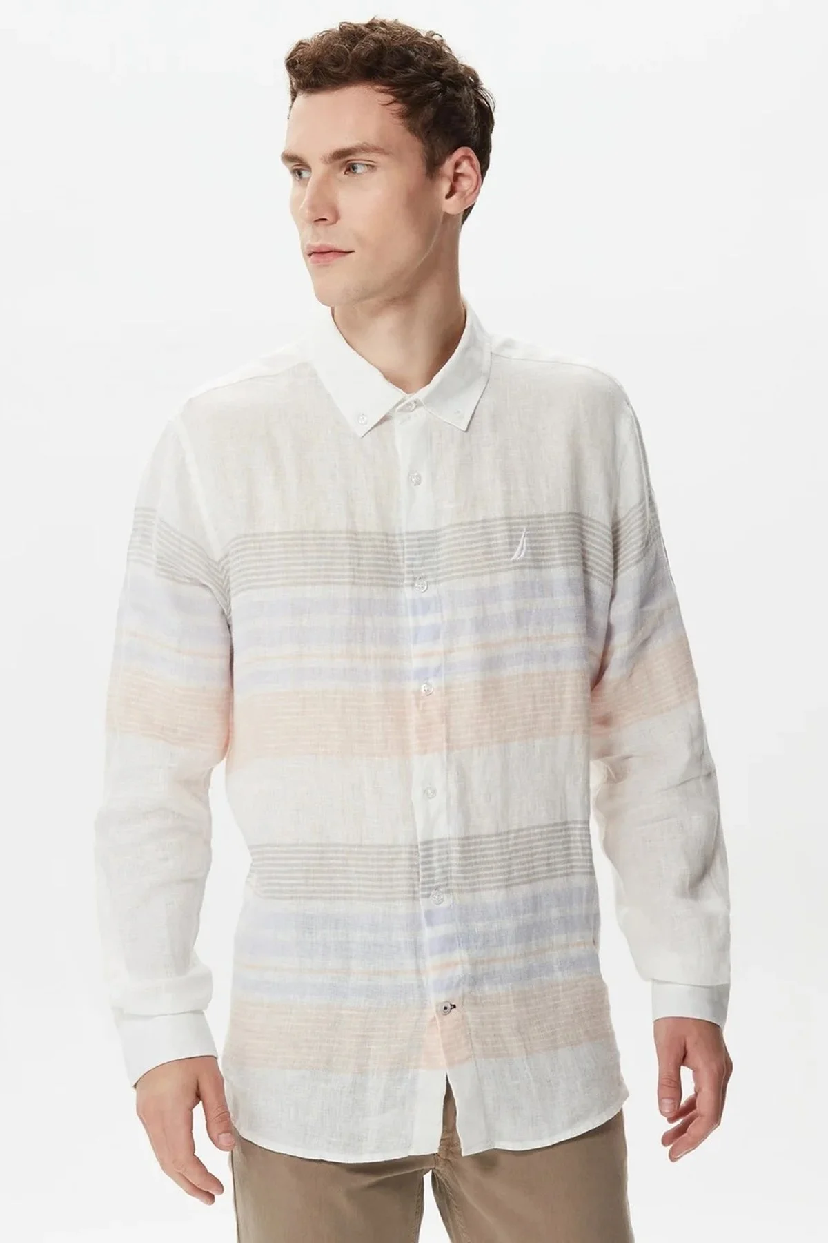 Nautica % 100 Keten Classic Fit Uzun Kollu Erkek Gömlek W35520T 1BW BEYAZ - 1