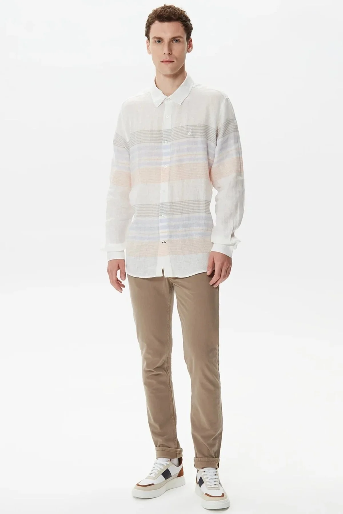 Nautica % 100 Keten Classic Fit Uzun Kollu Erkek Gömlek W35520T 1BW BEYAZ - 3