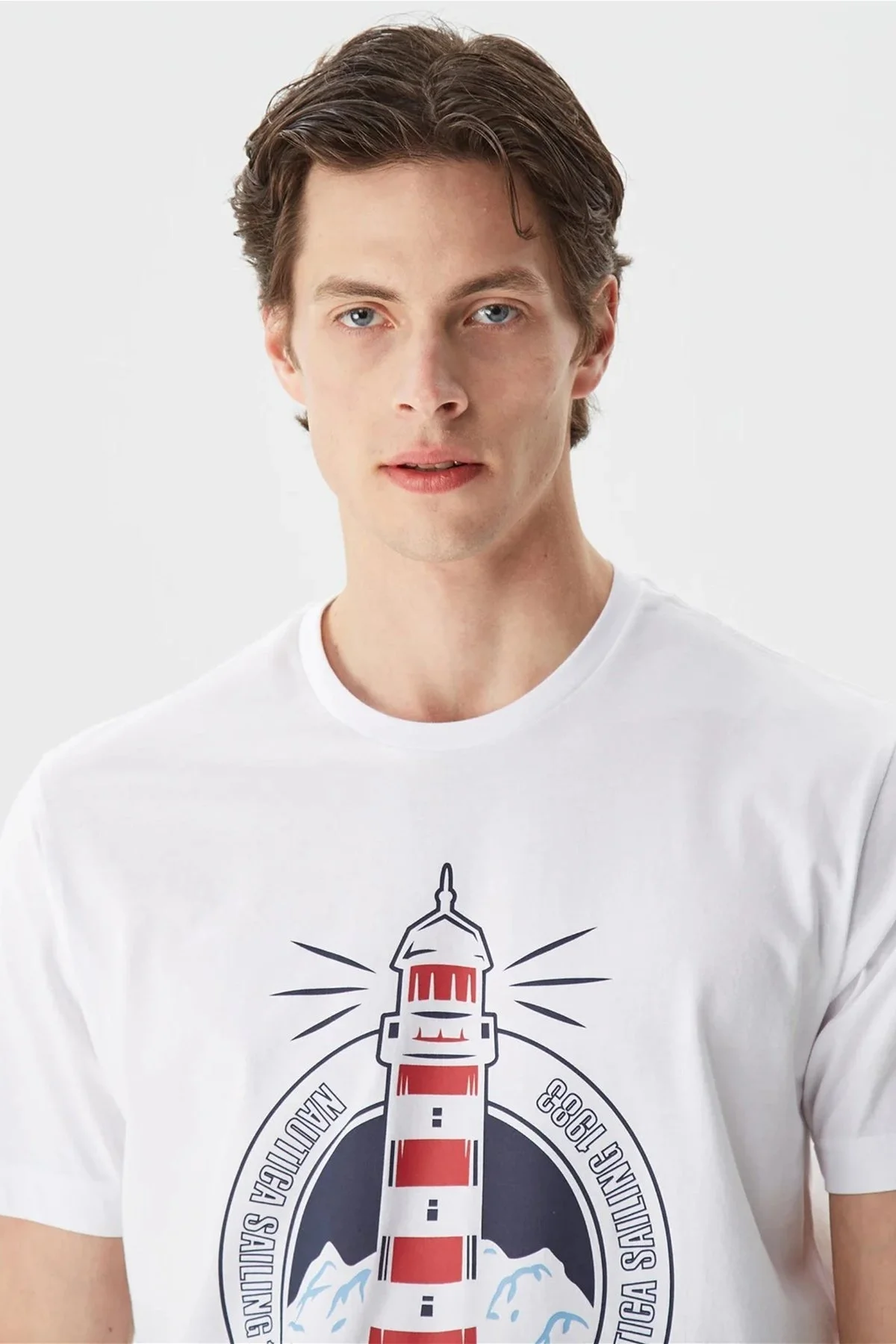 Nautica % 100 Pamıuk Logo Baskılı Bisiklet Yaka Standart Fit Erkek T Shirt V35531T 1BW BEYAZ - 3