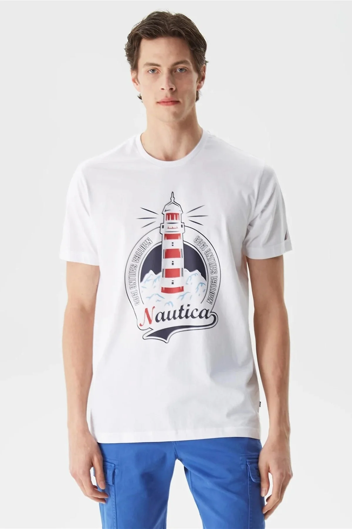 Nautica % 100 Pamıuk Logo Baskılı Bisiklet Yaka Standart Fit Erkek T Shirt V35531T 1BW BEYAZ - 5