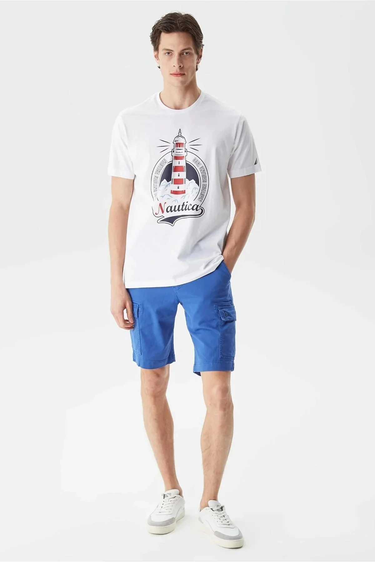 Nautica % 100 Pamıuk Logo Baskılı Bisiklet Yaka Standart Fit Erkek T Shirt V35531T 1BW BEYAZ - 6
