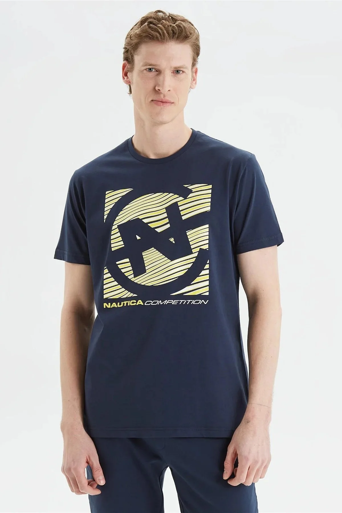 Nautica % 100 Pamuk Logo Baskılı Bisiklet Yaka Standart Fit Erkek T Shirt V35409T 4NV LACİVERT - 1