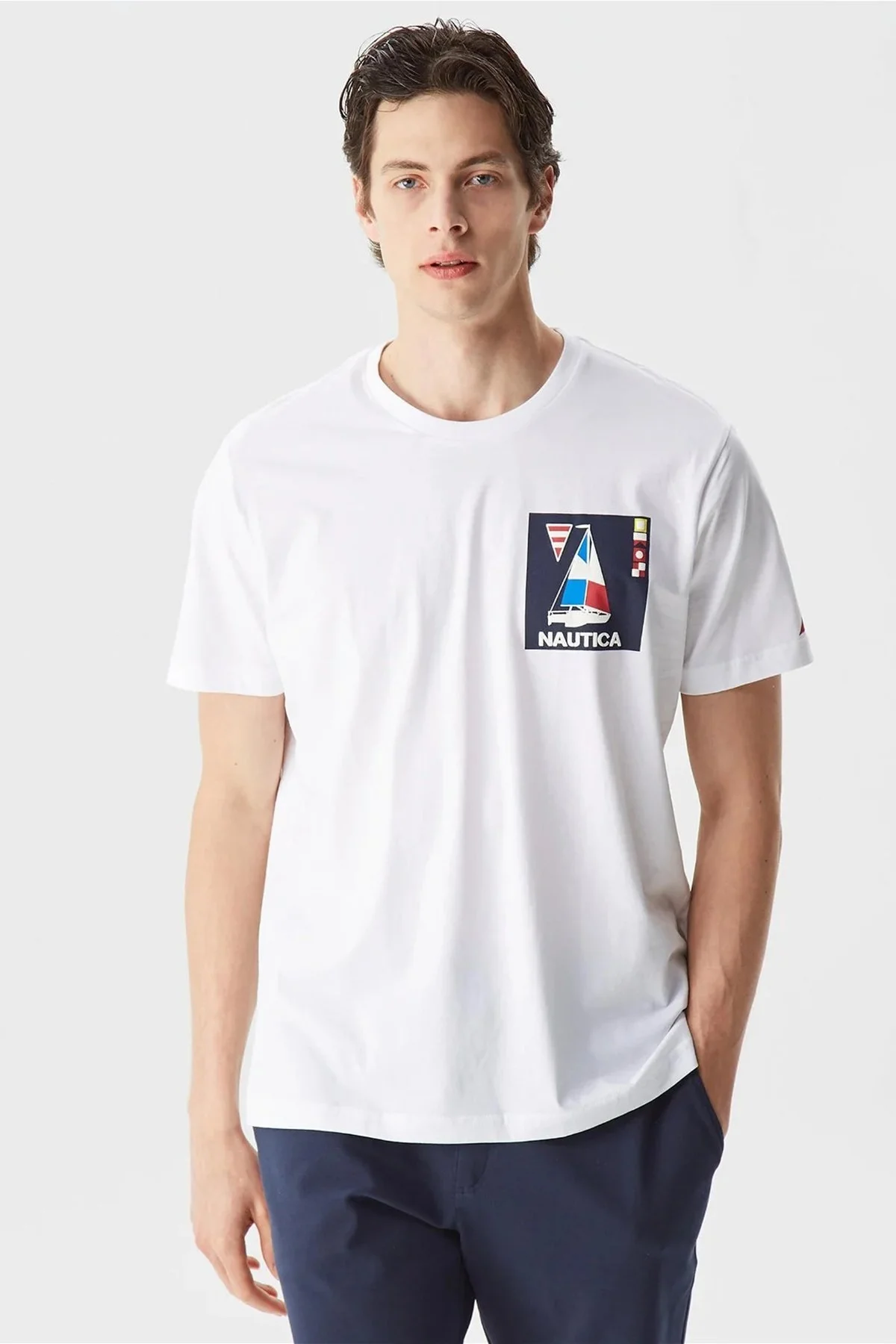 Nautica % 100 Pamuk Logo Baskılı Bisiklet Yaka Standart Fit Erkek T Shirt V35434T 1BW BEYAZ - 1