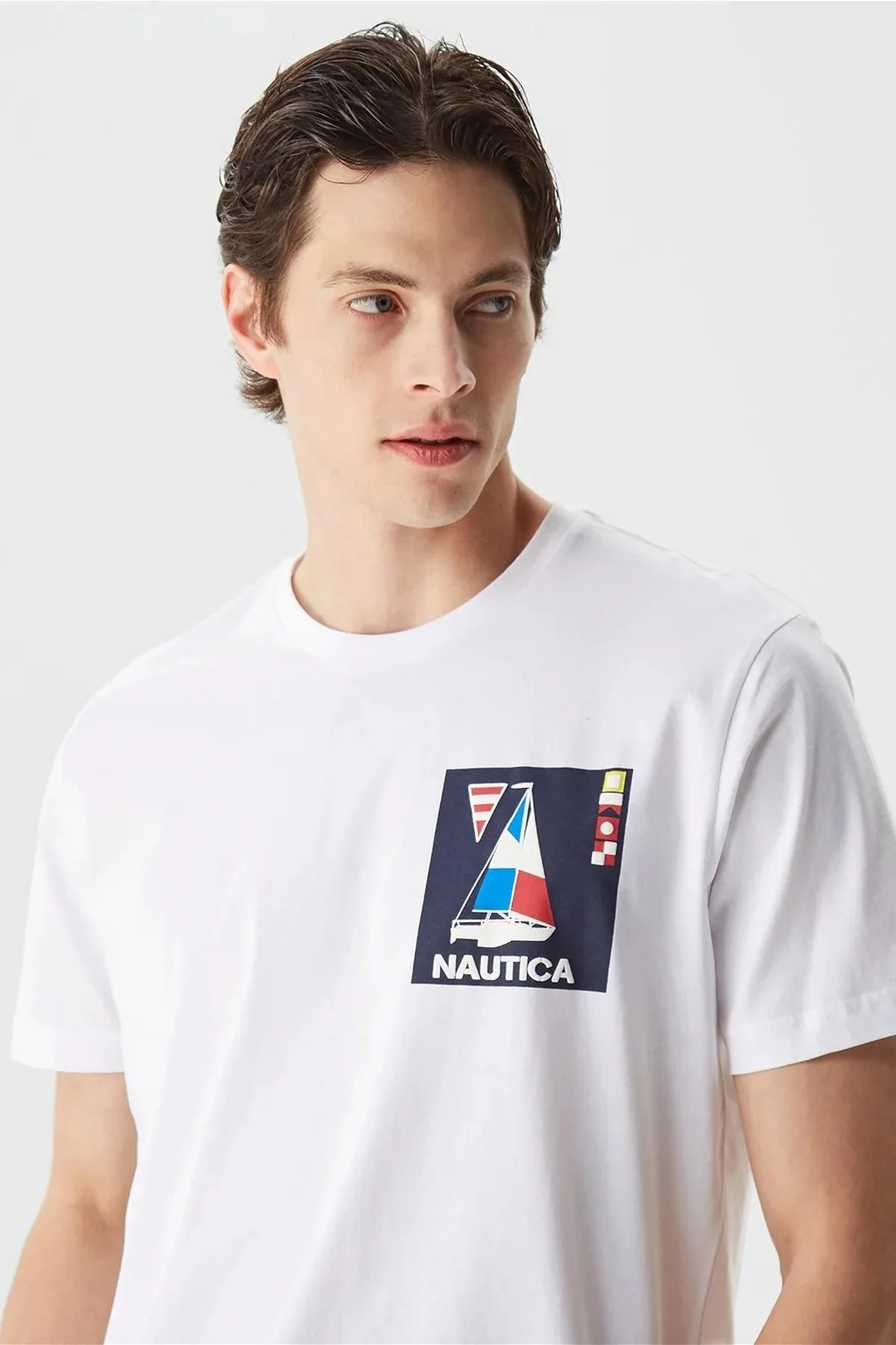 Nautica % 100 Pamuk Logo Baskılı Bisiklet Yaka Standart Fit Erkek T Shirt V35434T 1BW BEYAZ - 3