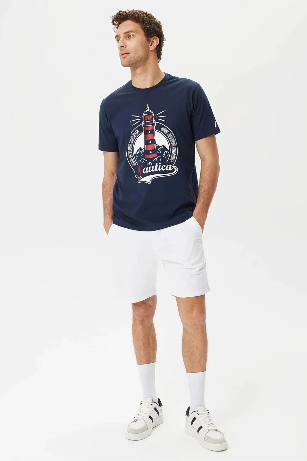 Nautica % 100 Pamuk Logo Baskılı Bisiklet Yaka Standart Fit Erkek T Shirt V35531T 4NV LACİVERT - 6