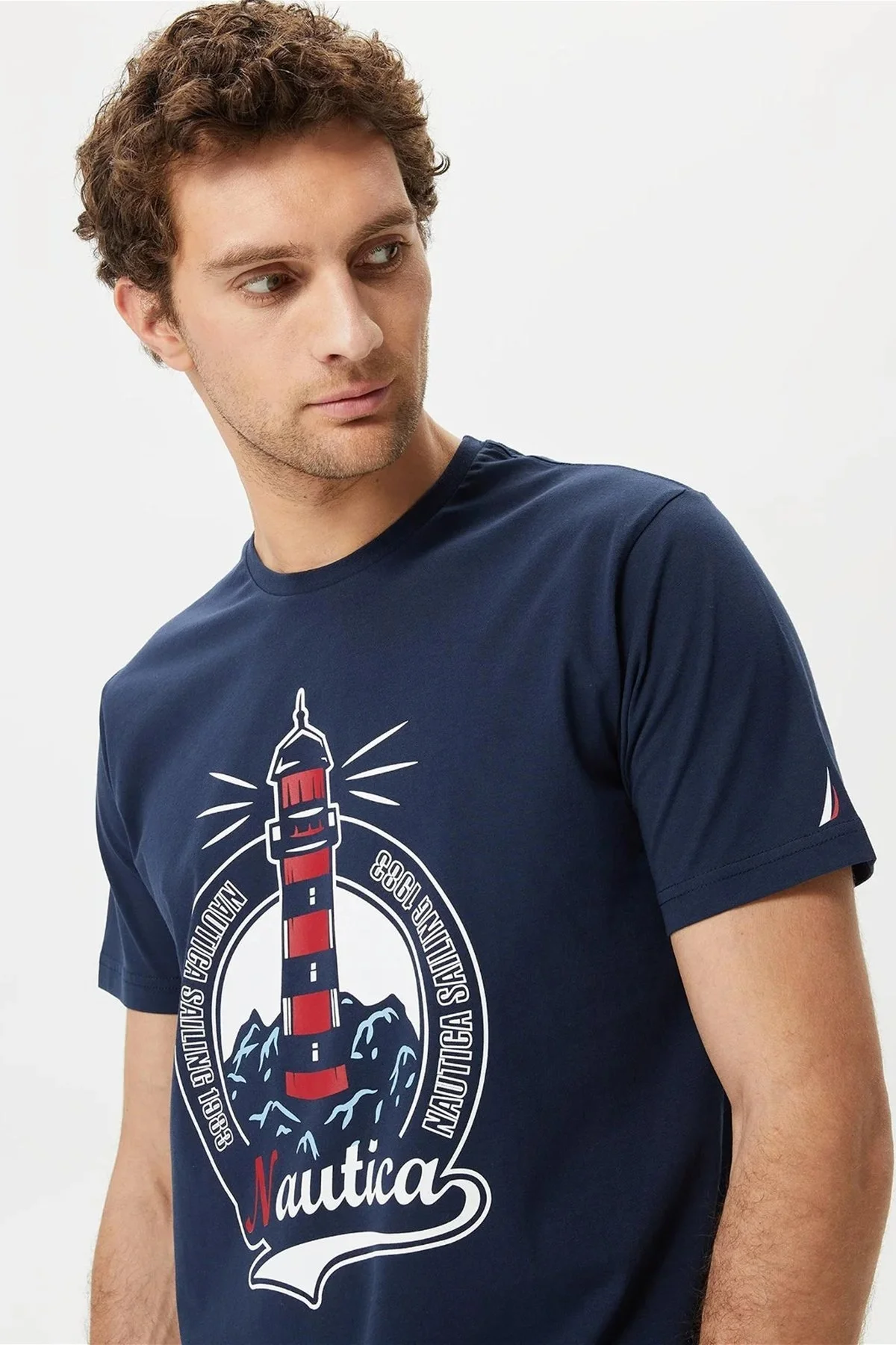 Nautica % 100 Pamuk Logo Baskılı Bisiklet Yaka Standart Fit Erkek T Shirt V35531T 4NV LACİVERT - 7