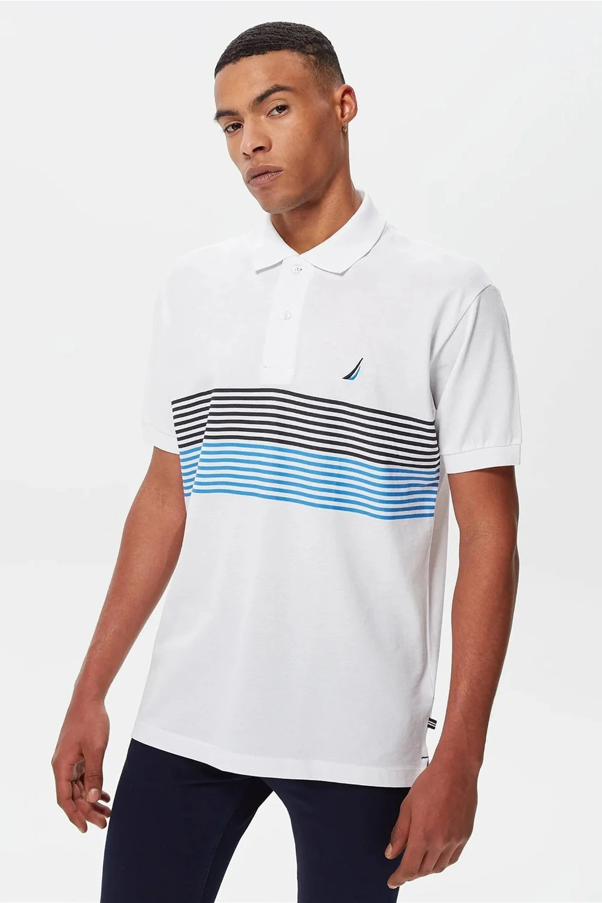 Nautica % 100 Pamuk Logo Detaylı Çizgi Desenli Classic Fit Erkek Polo T Shirt K35506T 1BW BEYAZ - 1