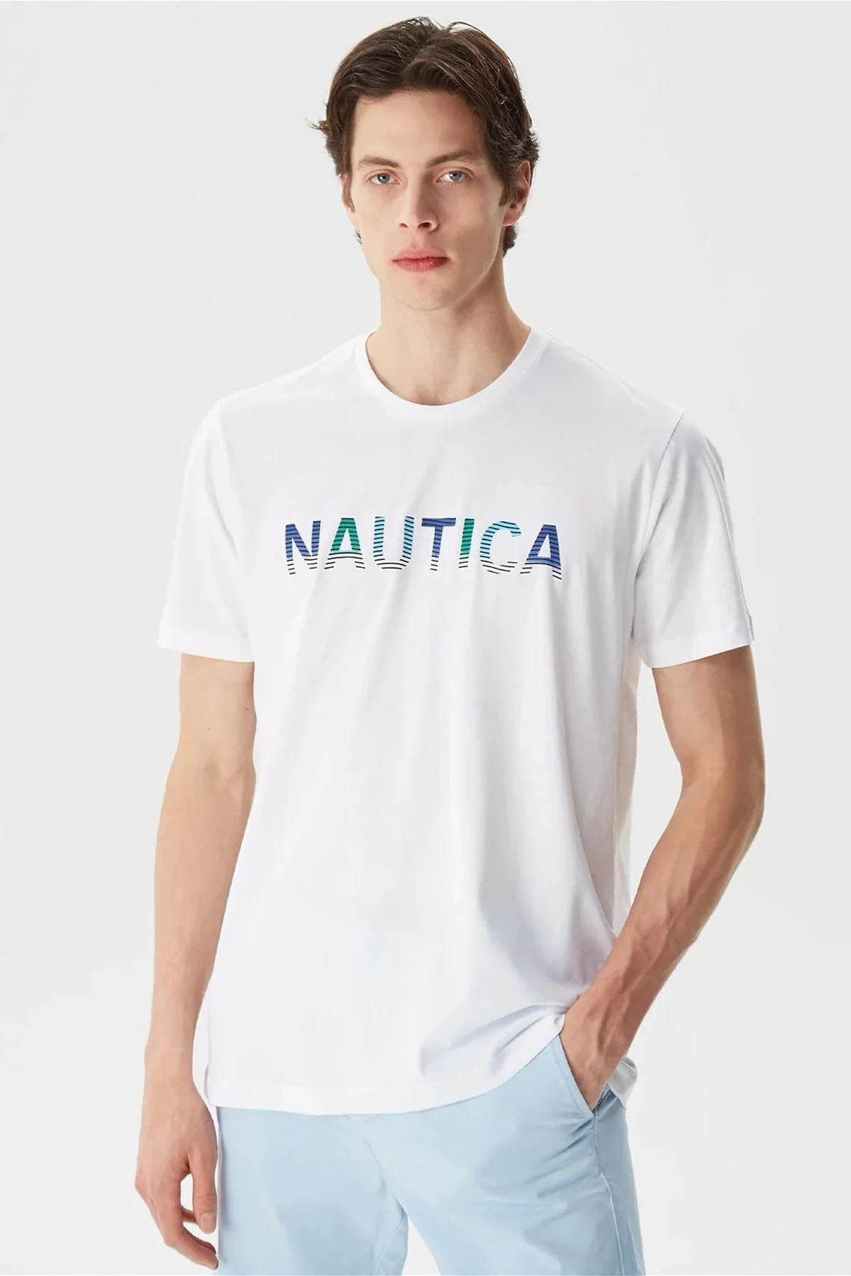 Nautica % 100 Pamuk Marka Baskılı Bisiklet Yaka Standart Fit Erkek T Shirt V35506T 1BW BEYAZ - 1