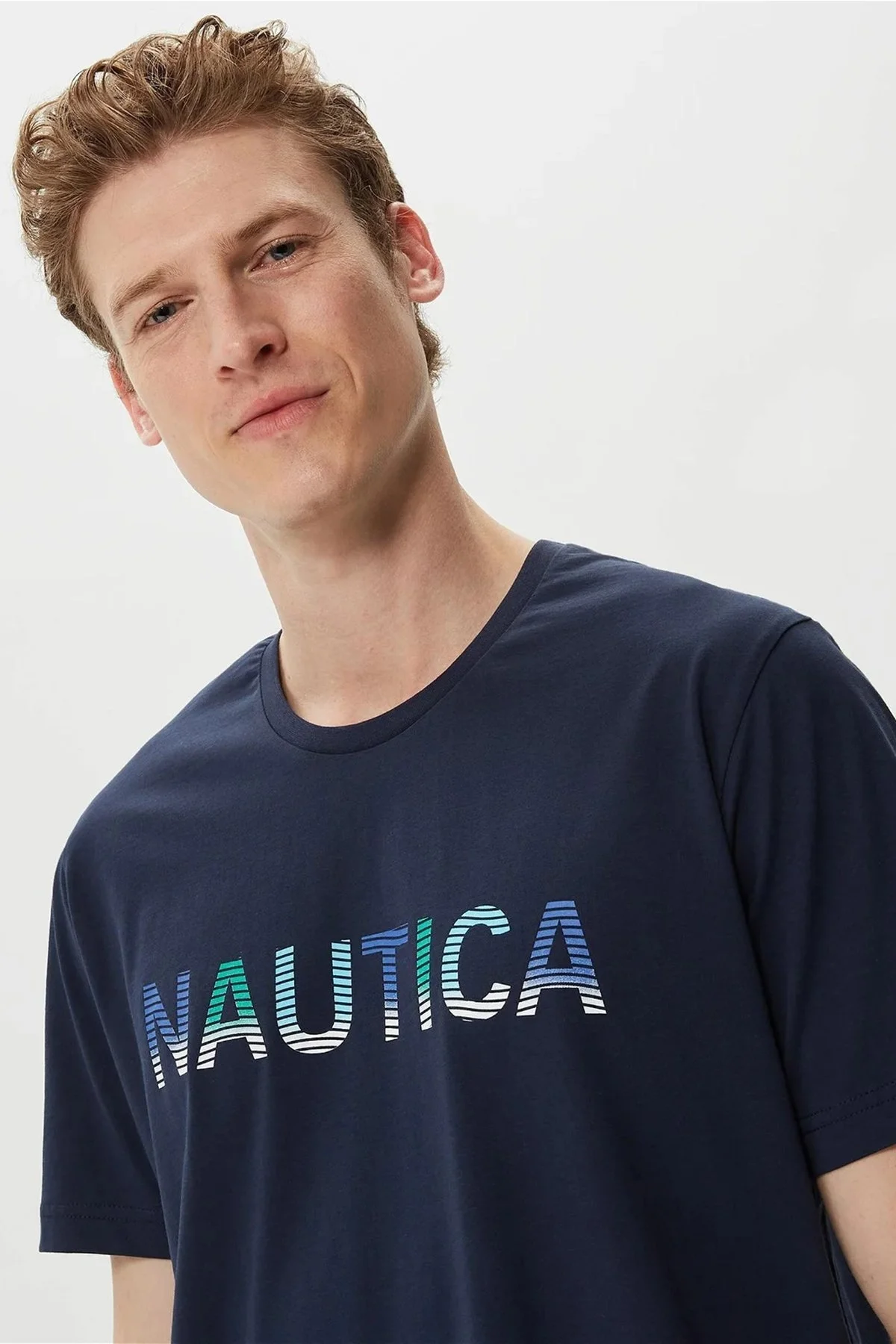 Nautica % 100 Pamuk Marka Baskılı Bisiklet Yaka Standart Fit Erkek T Shirt V35506T 4NV LACİVERT - 7
