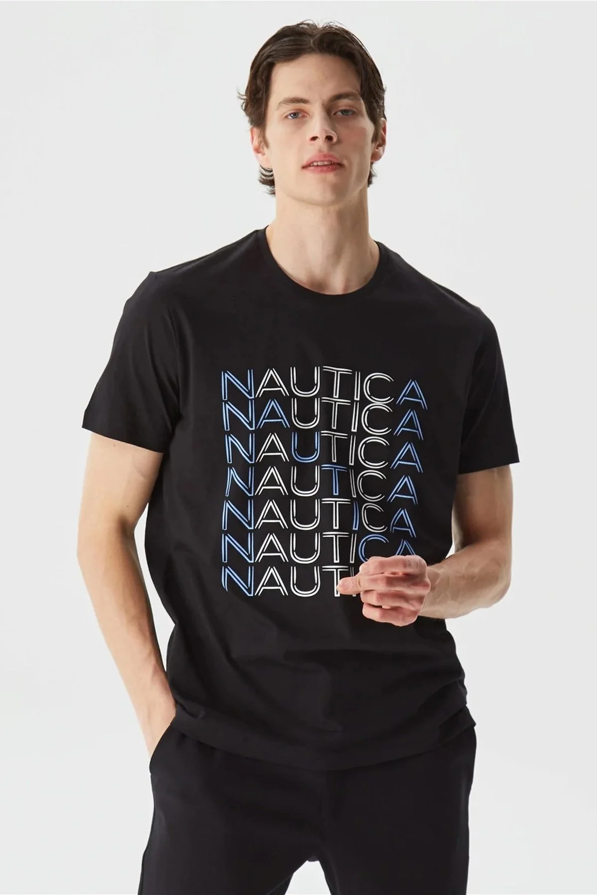 Nautica % 100 Pamuk Marka Baskılı Bisiklet Yaka Standart Fit Erkek T Shirt V35528T 0TB SİYAH - 1