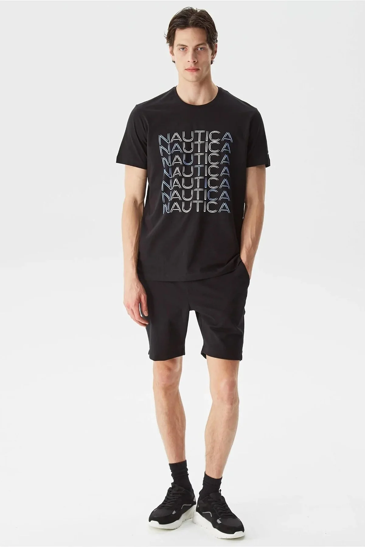 Nautica % 100 Pamuk Marka Baskılı Bisiklet Yaka Standart Fit Erkek T Shirt V35528T 0TB SİYAH - 2