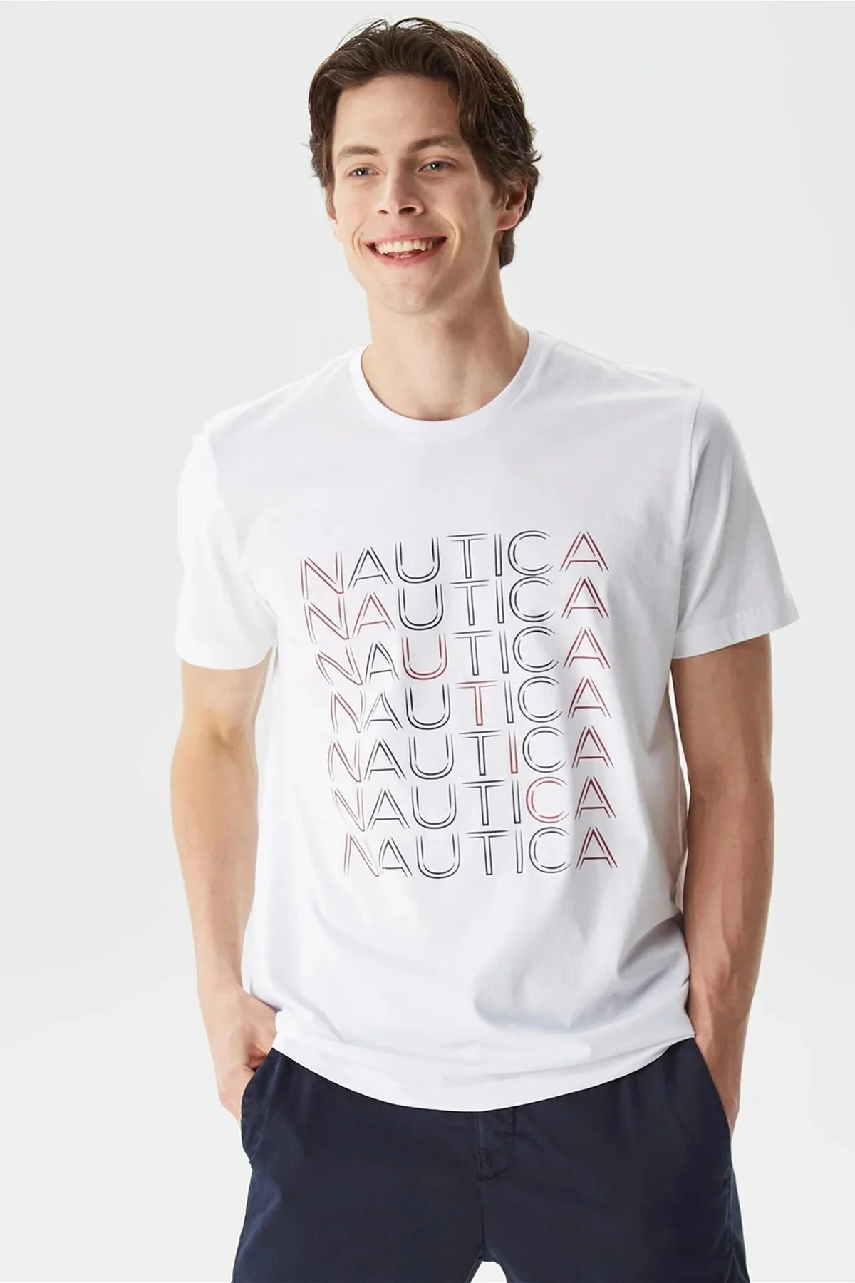 Nautica % 100 Pamuk Marka Baskılı Bisiklet Yaka Standart Fit Erkek T Shirt V35528T 1BW BEYAZ - 5