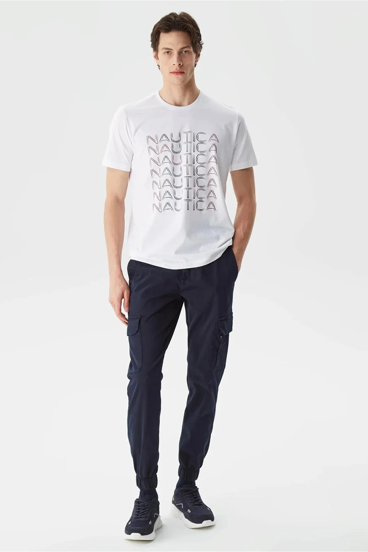 Nautica % 100 Pamuk Marka Baskılı Bisiklet Yaka Standart Fit Erkek T Shirt V35528T 1BW BEYAZ - 6