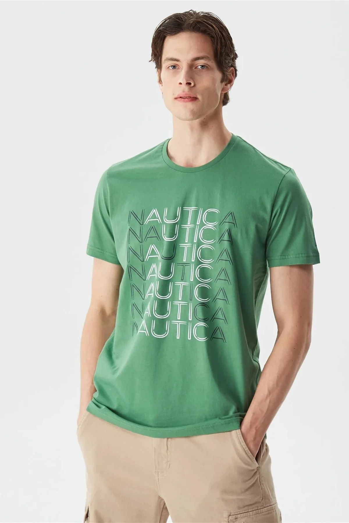Nautica % 100 Pamuk Marka Baskılı Bisiklet Yaka Standart Fit Erkek T Shirt V35528T 3FY YEŞİL - 5