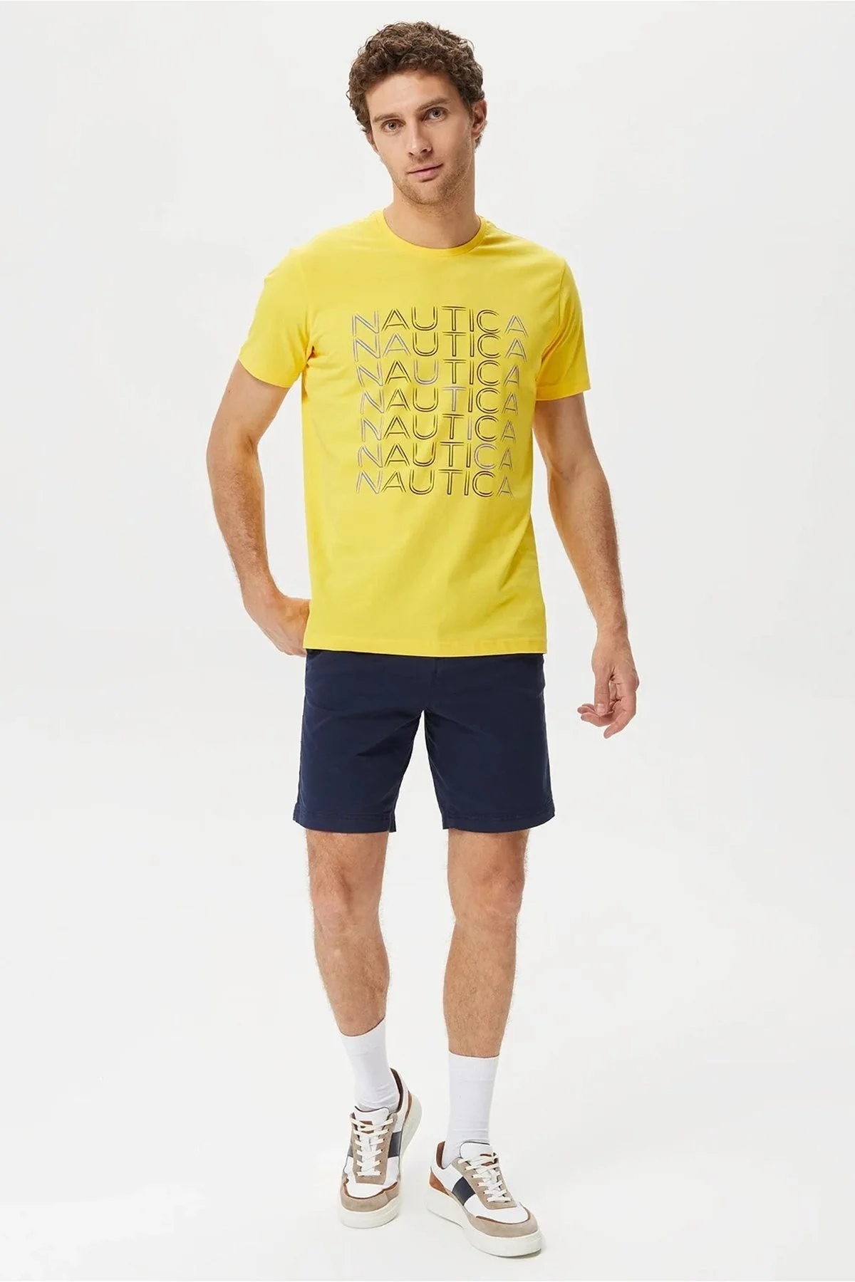 Nautica % 100 Pamuk Marka Baskılı Bisiklet Yaka Standart Fit Erkek T Shirt V35528T 70E SARI - 6