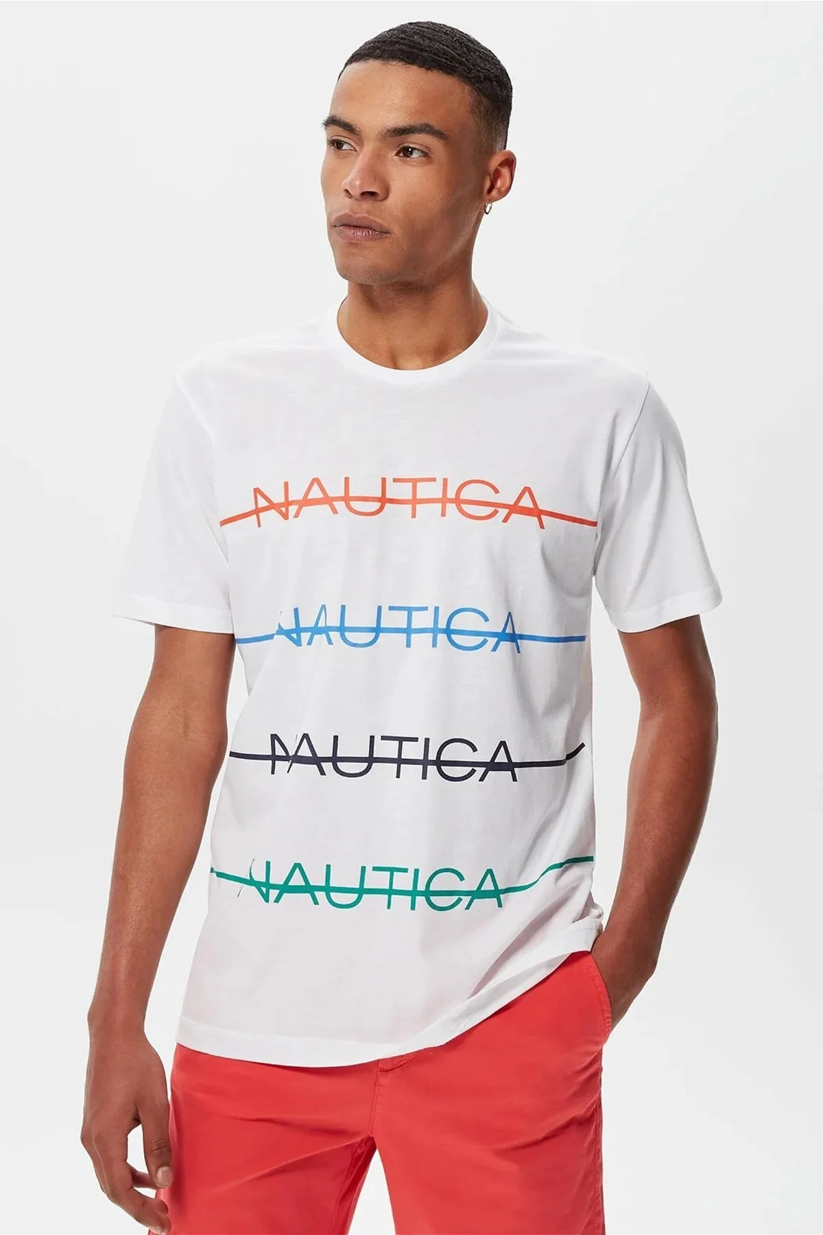 Nautica % 100 Pamuk Marka Baskılı Bisiklet Yaka Standart Fit Erkek T Shirt V35530T 1BW BEYAZ - 1