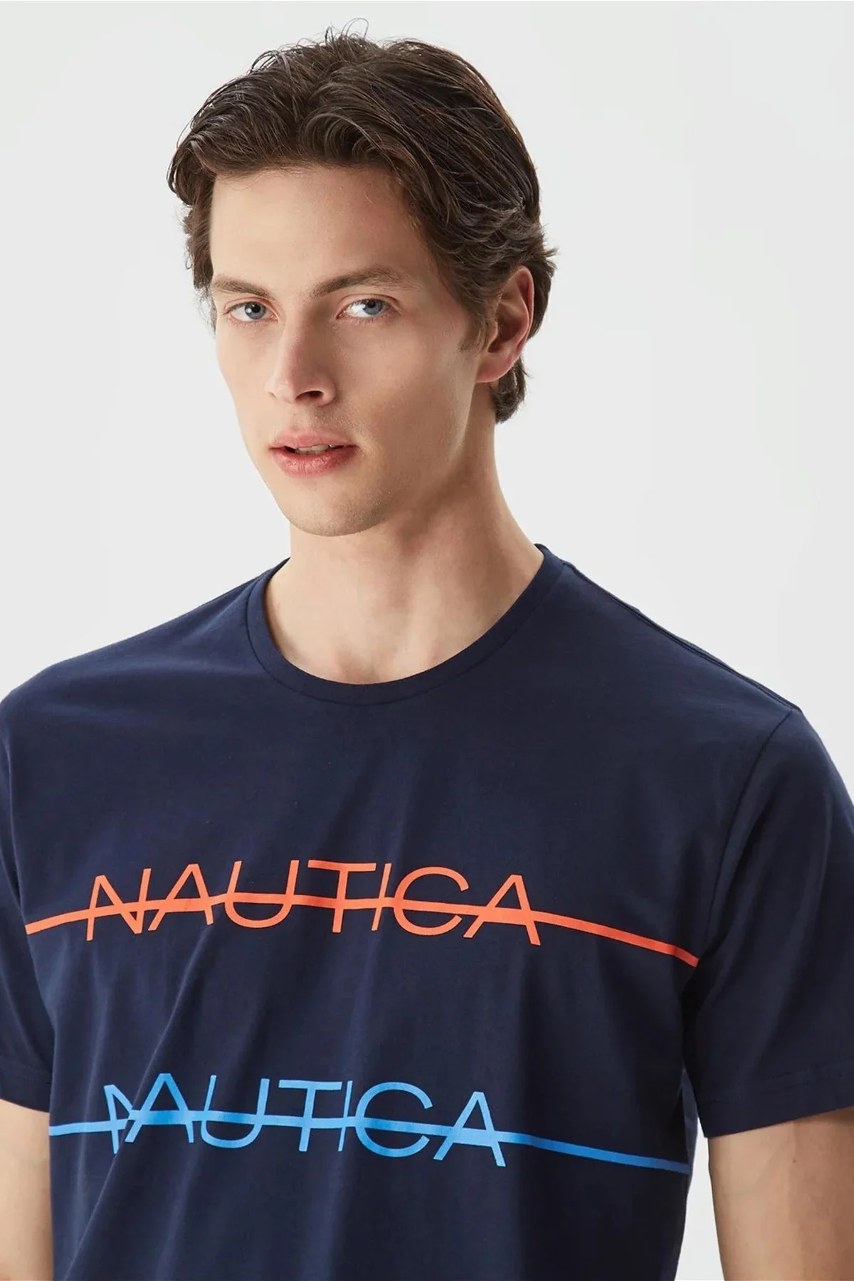 Nautica % 100 Pamuk Marka Baskılı Bisiklet Yaka Standart Fit Erkek T Shirt V35530T 4NV LACİVERT - 8