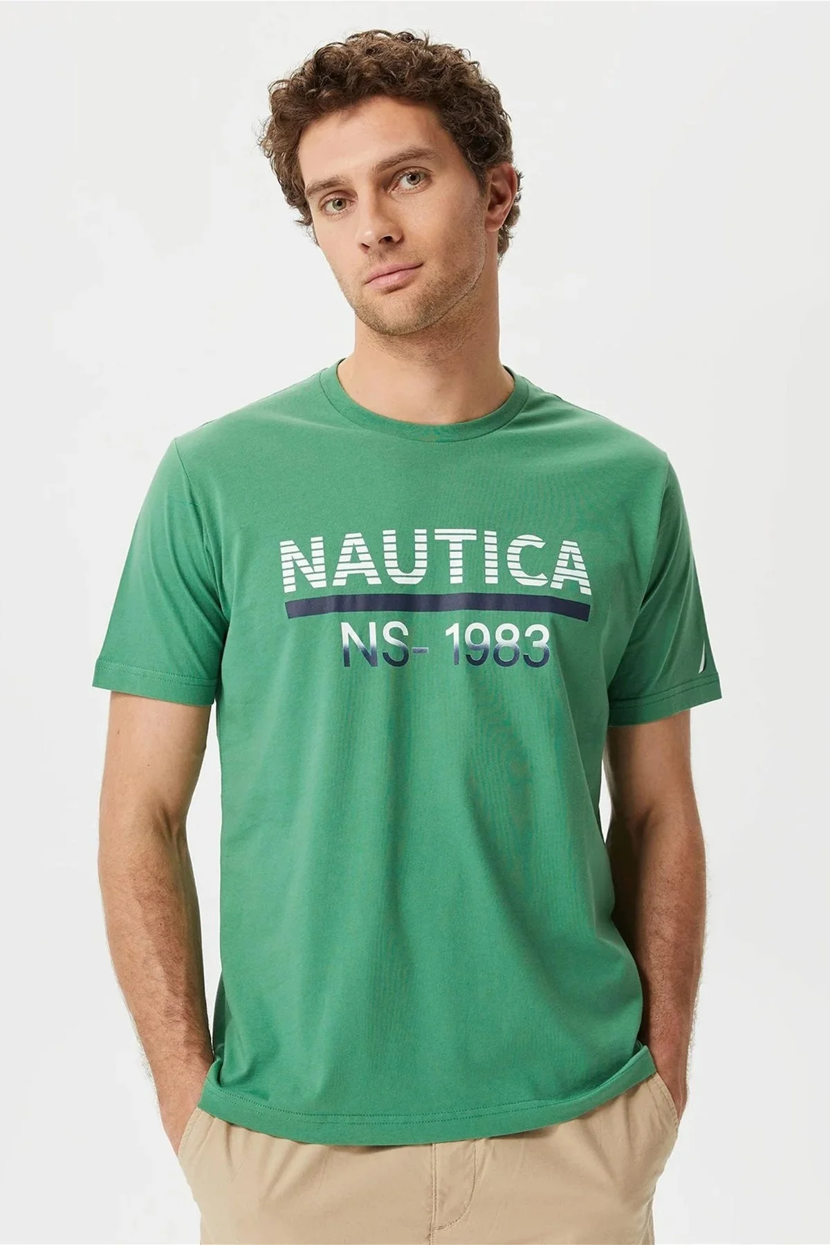 Nautica % 100 Pamuk Marka Baskılı Bisiklet Yaka Standart Fit Erkek T Shirt V35532T 3FY YEŞİL - 1