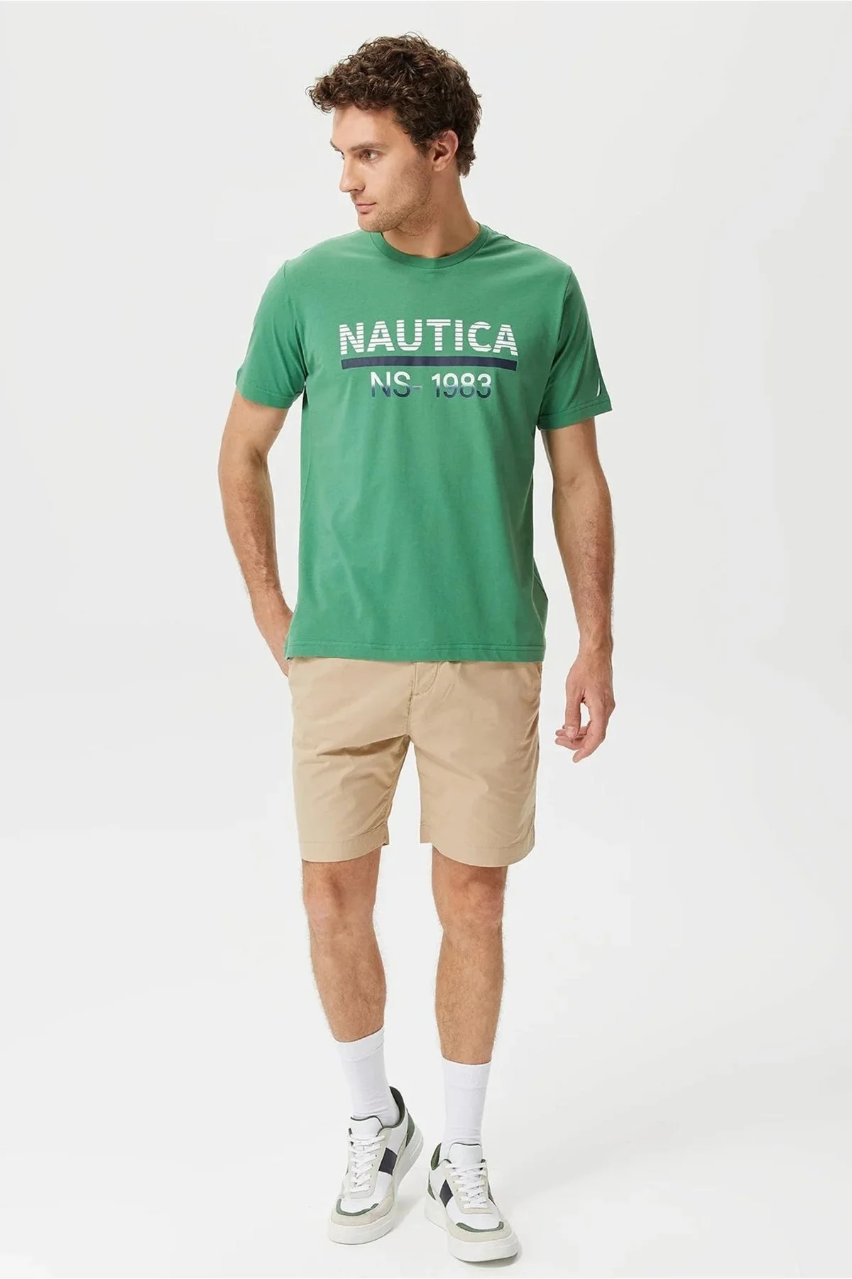 Nautica % 100 Pamuk Marka Baskılı Bisiklet Yaka Standart Fit Erkek T Shirt V35532T 3FY YEŞİL - 2