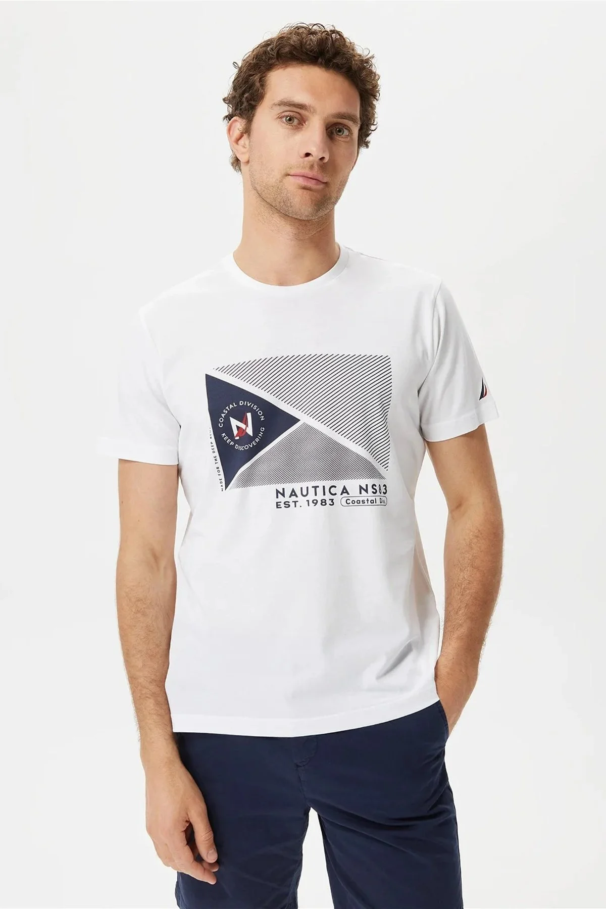 Nautica % 100 Pamuk Marka Baskılı Bisiklet Yaka Standart Fit Erkek T Shirt V35902T 1BW BEYAZ - 5