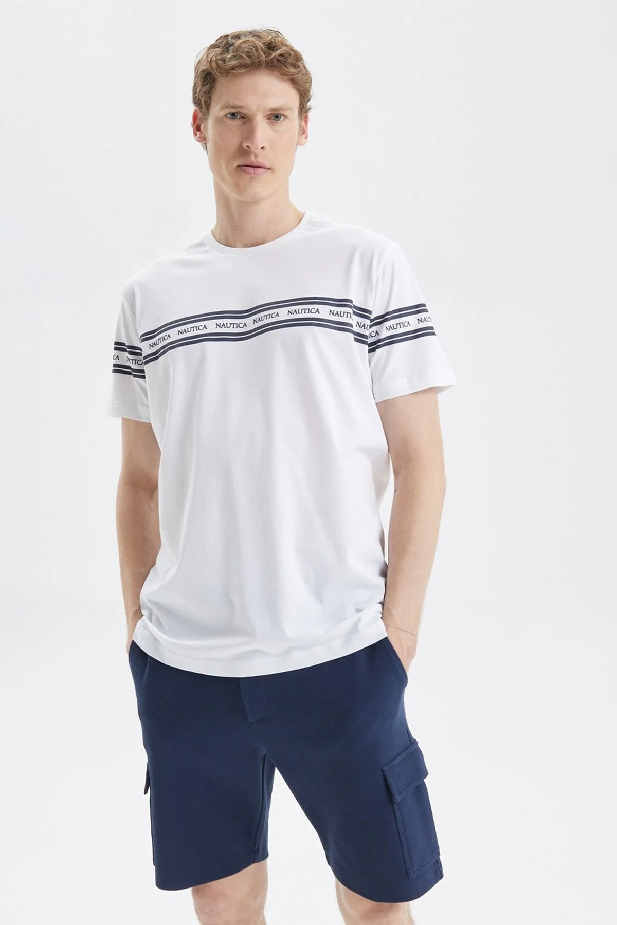 Nautica % 100 Pamuk Standart Fit Bisiklet Yaka Erkek T Shirt V35425T 1BW BEYAZ - 1