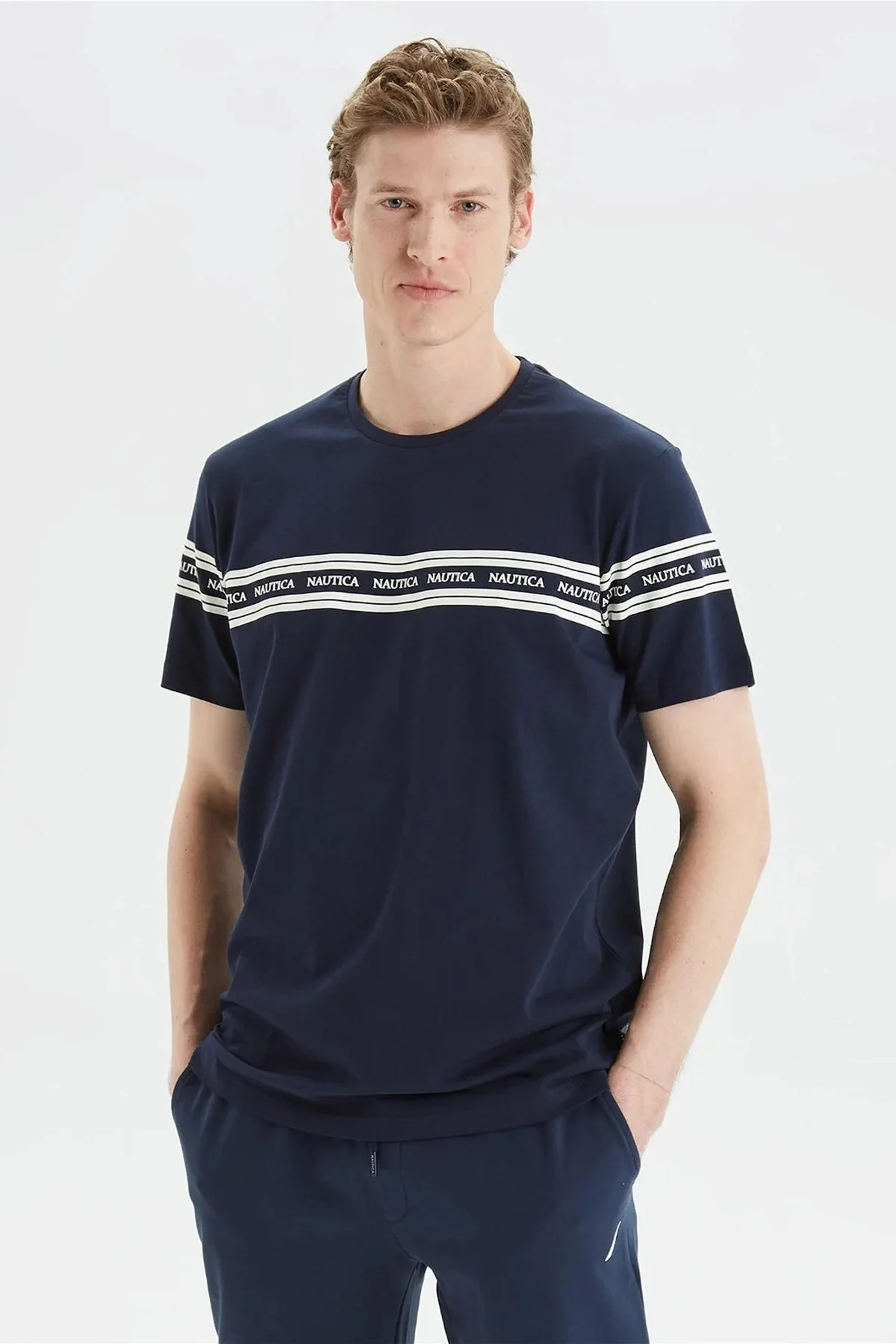 Nautica % 100 Pamuk Standart Fit Bisiklet Yaka Erkek T Shirt V35425T 4NV LACİVERT - 1